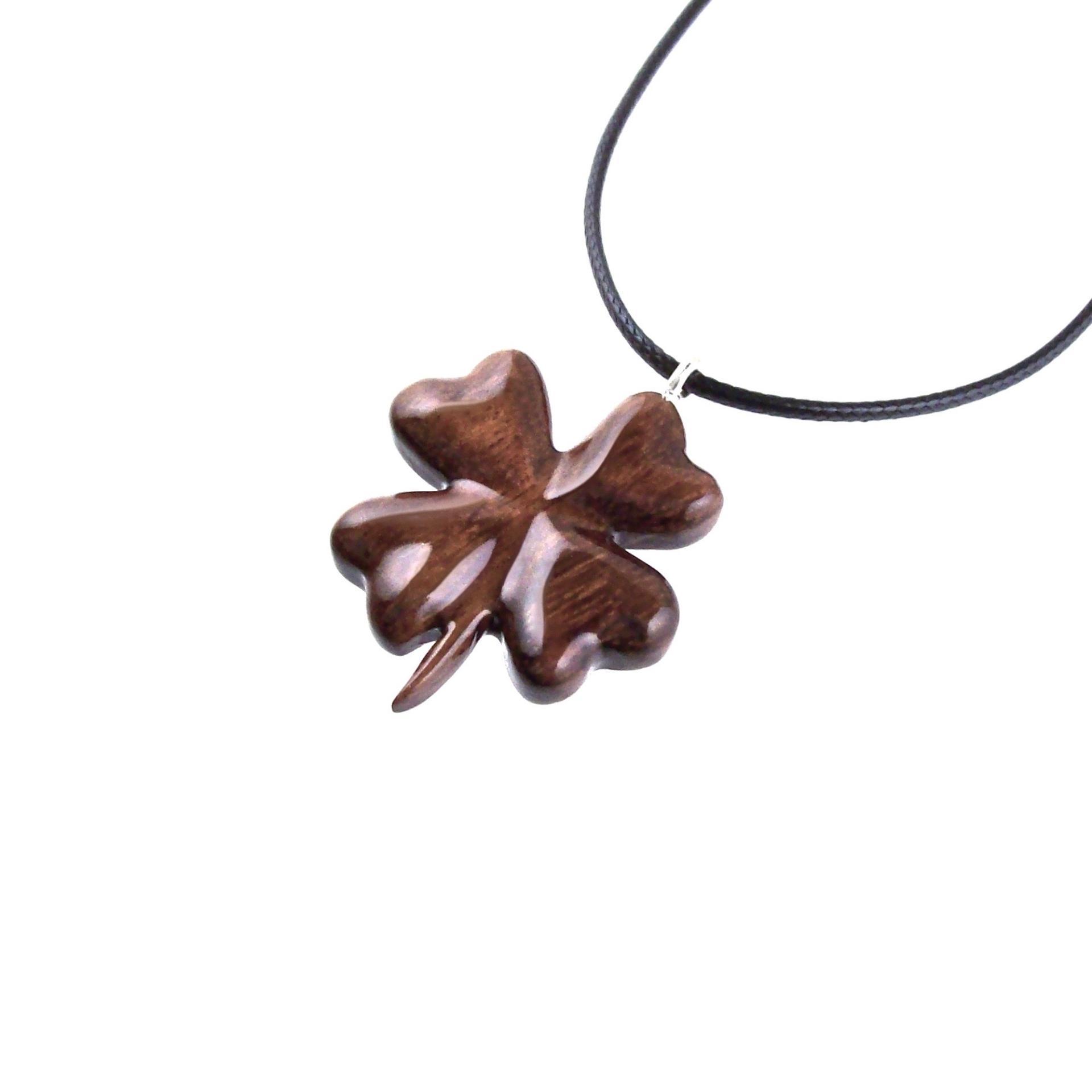 Hand Carved Four Leaf Clover Necklace, Wooden Shamrock Pendant, Lucky Charm Amulet, Good Luck Wood Jewelry Gift for Her