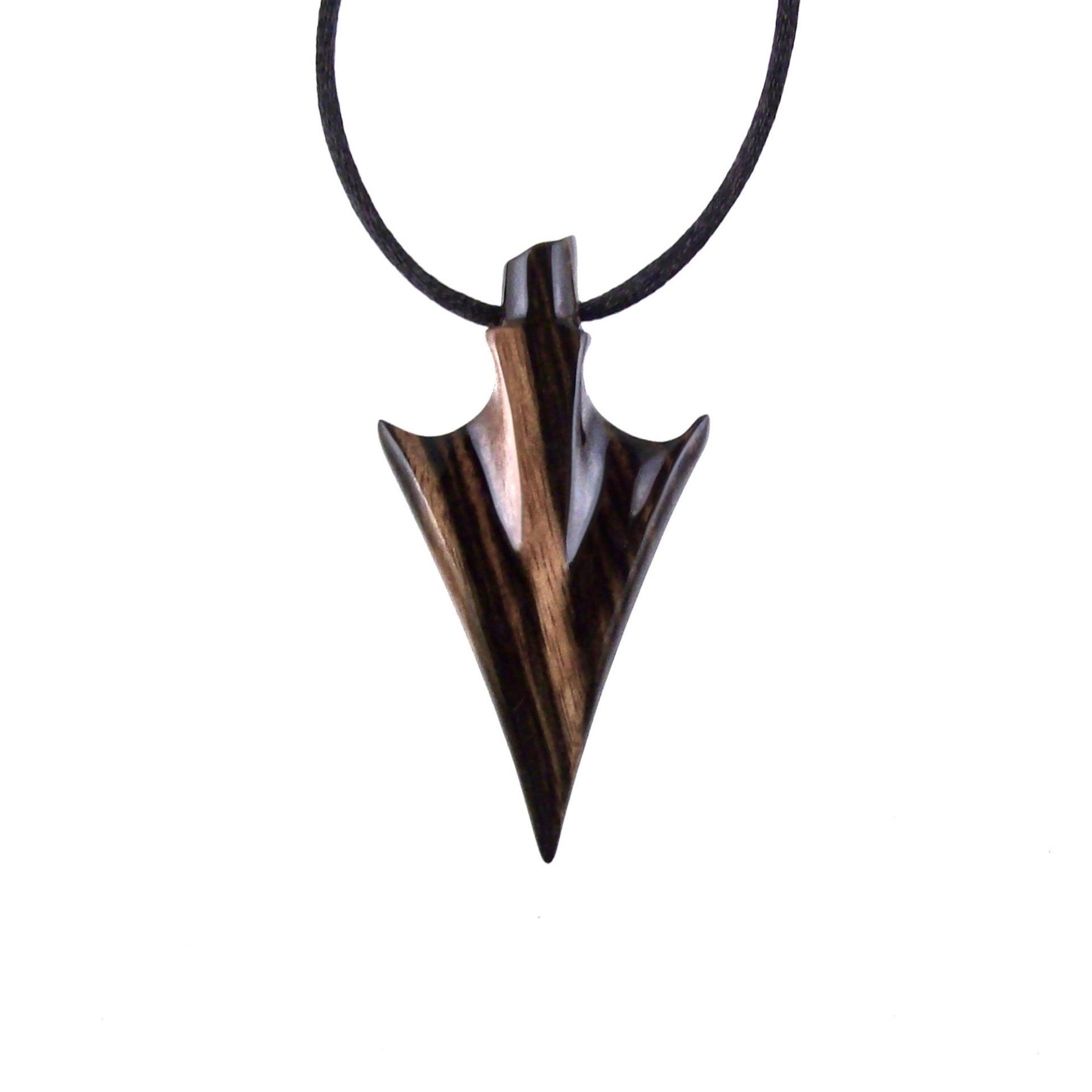 Hand Carved Arrowhead Necklace, Wooden Arrow Pendant, Mens Wood Necklace, Tribal Jewelry in Black with Brown Streaks