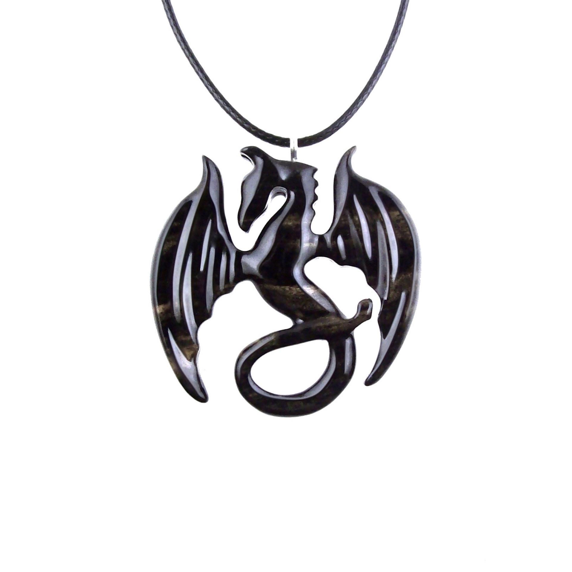 Dragon Necklace for Men Women, Hand Carved Wooden Dragon Pendant, Fantasy Wood Jewelry Gift for Her Him