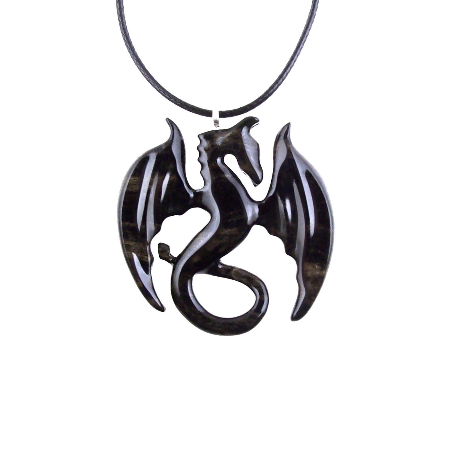 Dragon Necklace for Men Women, Hand Carved Wooden Dragon Pendant, Fantasy Wood Jewelry Gift for Her Him