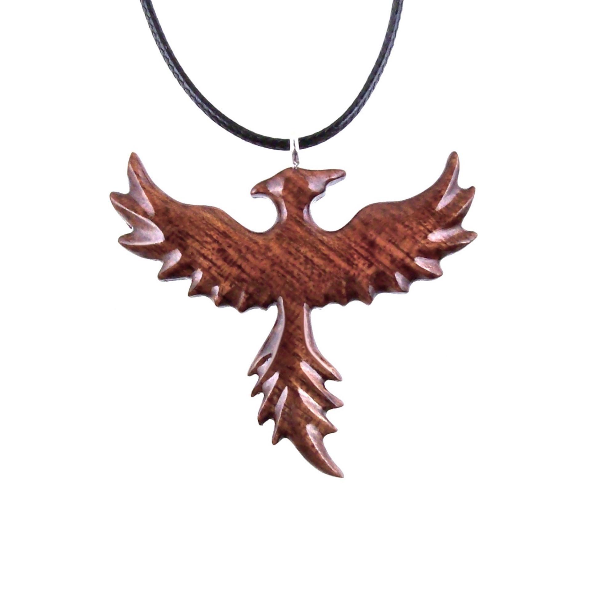 Rising Phoenix Necklace, Hand Carved Wooden Firebird Pendant, Handmade Wood Jewelry, Inspirational Gift for Her Him