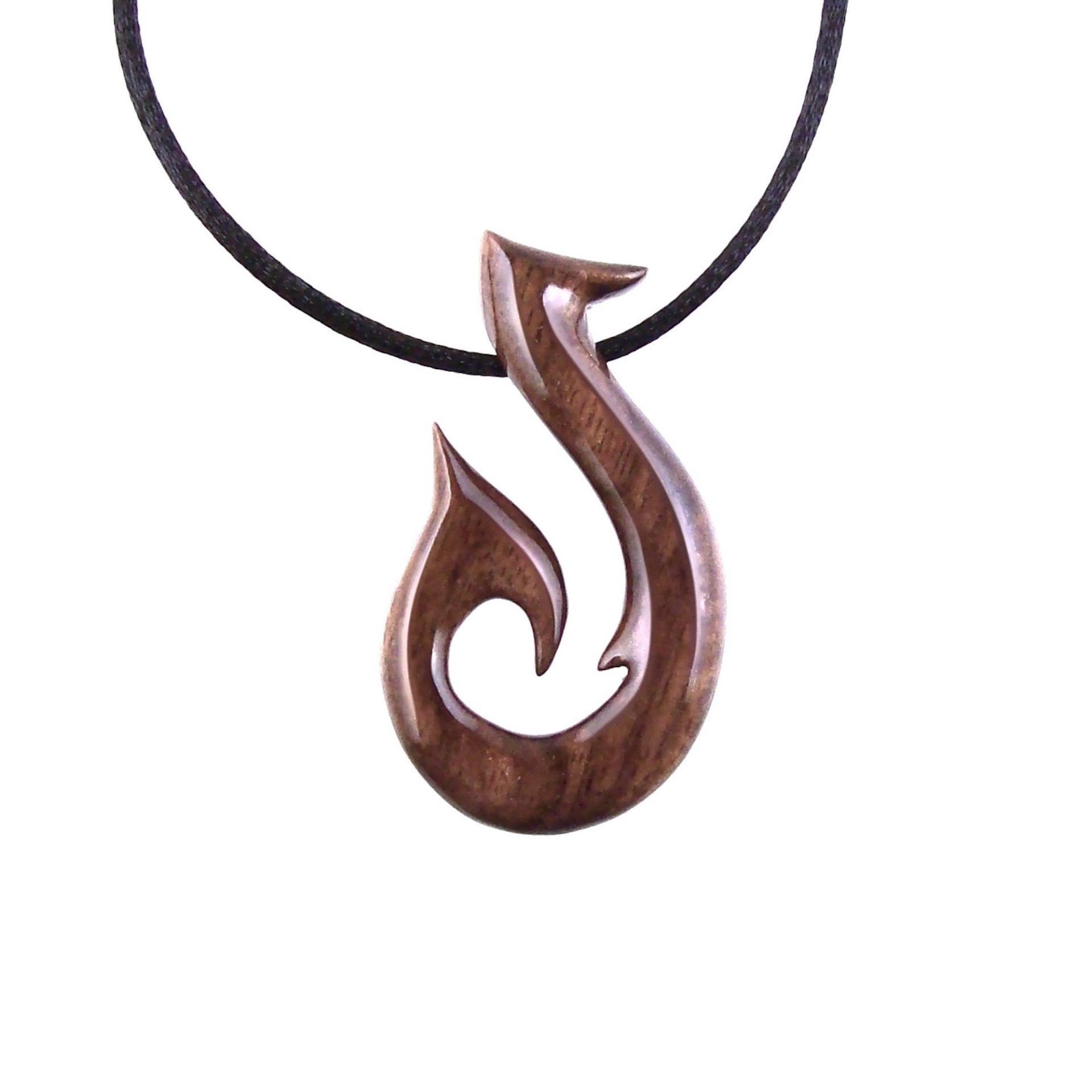 Wooden Fish Hook Pendant Necklace for Men, Hand Carved Fisherman Wood Jewelry, One of a Kind Angler Gift