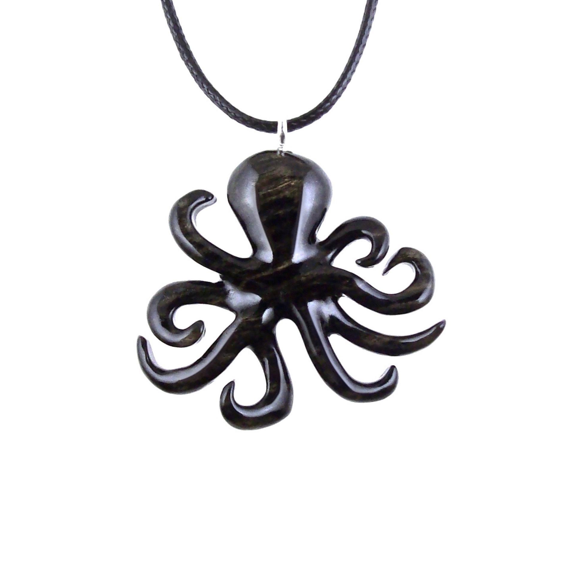 Reversible Wooden Octopus Pendant with 18" black cord necklace hand carved in Pale Moon Ebony