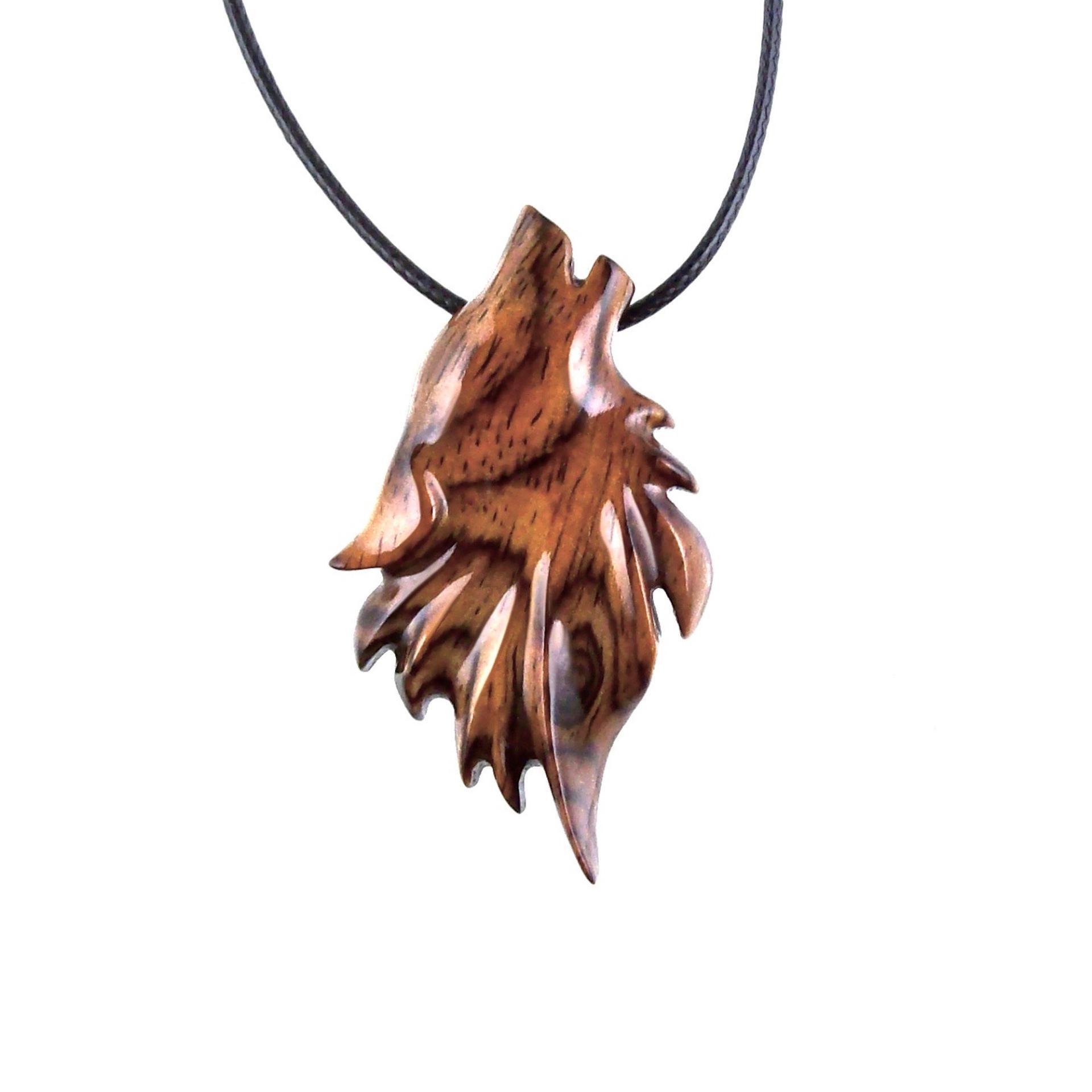 Reddish-Brown Wooden Wolf Head Pendant with 18" black cord necklace