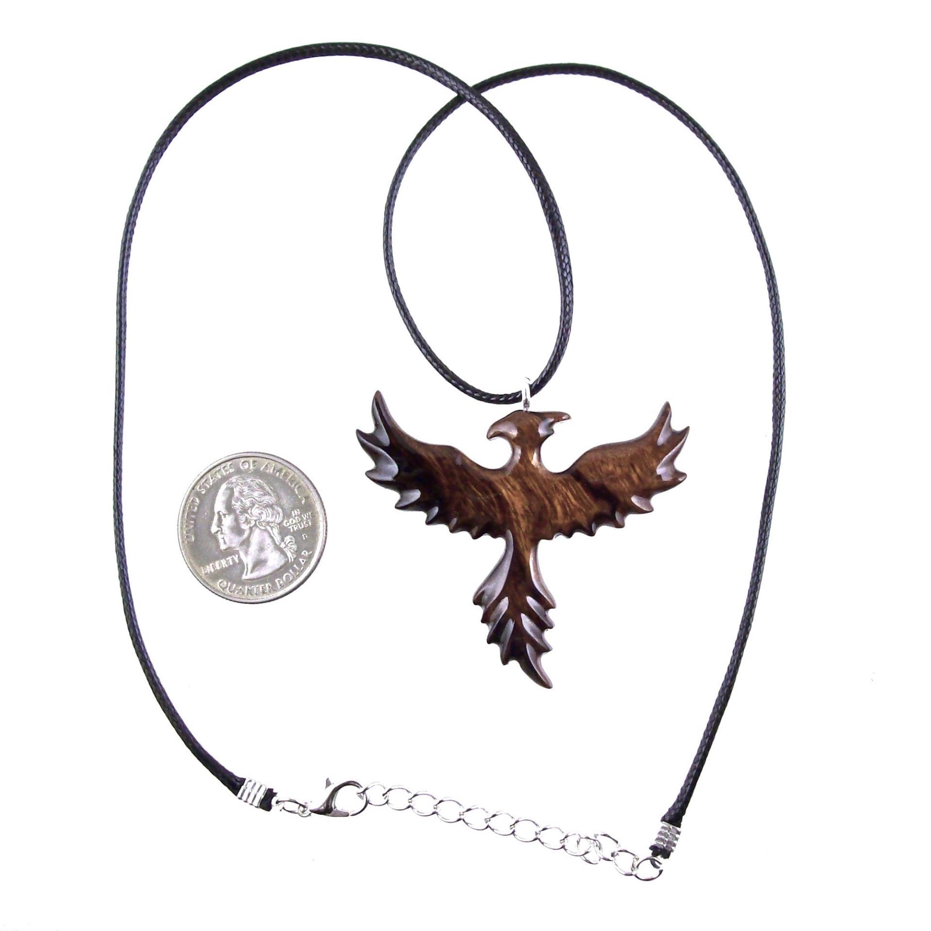 Rising Phoenix Necklace, Hand Carved Wooden Phoenix Pendant, Fantasy Wood Jewelry, Firebird Inspirational Gift for Him Her