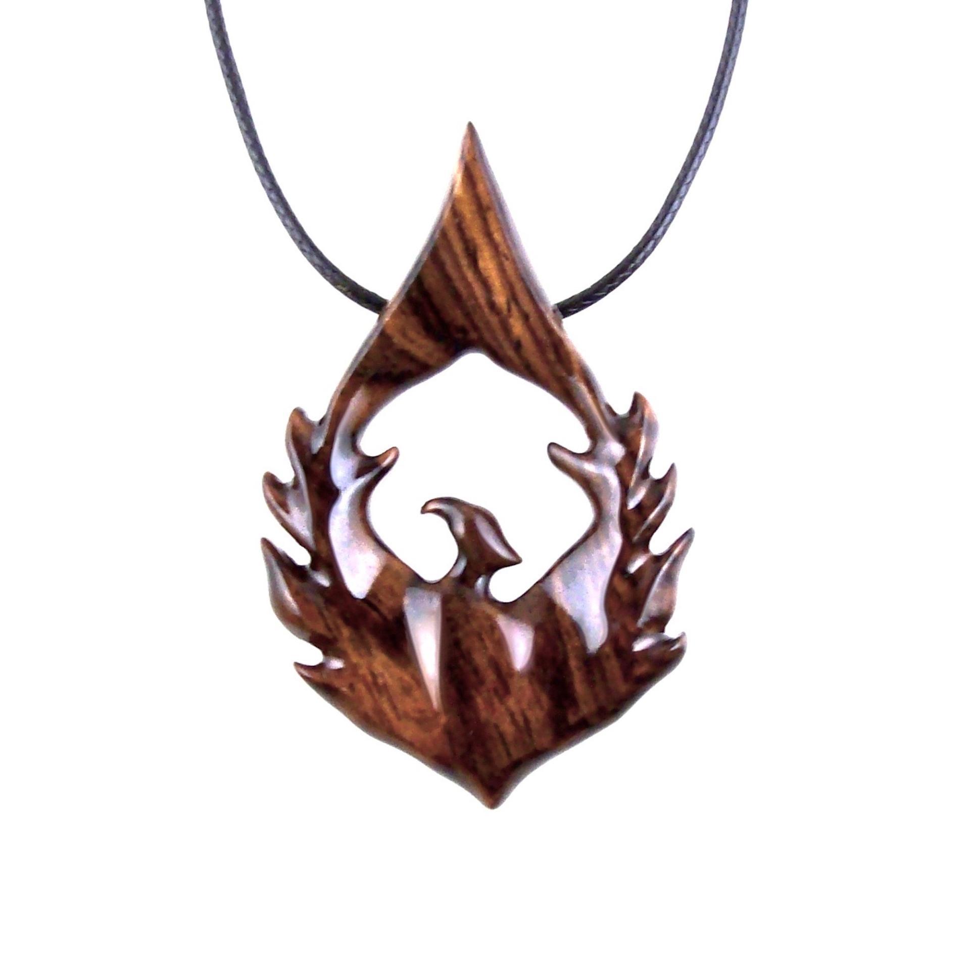 Reddish-brown reversible wooden phoenix bird pendant with 18 inches black cord necklace with lobster clasp