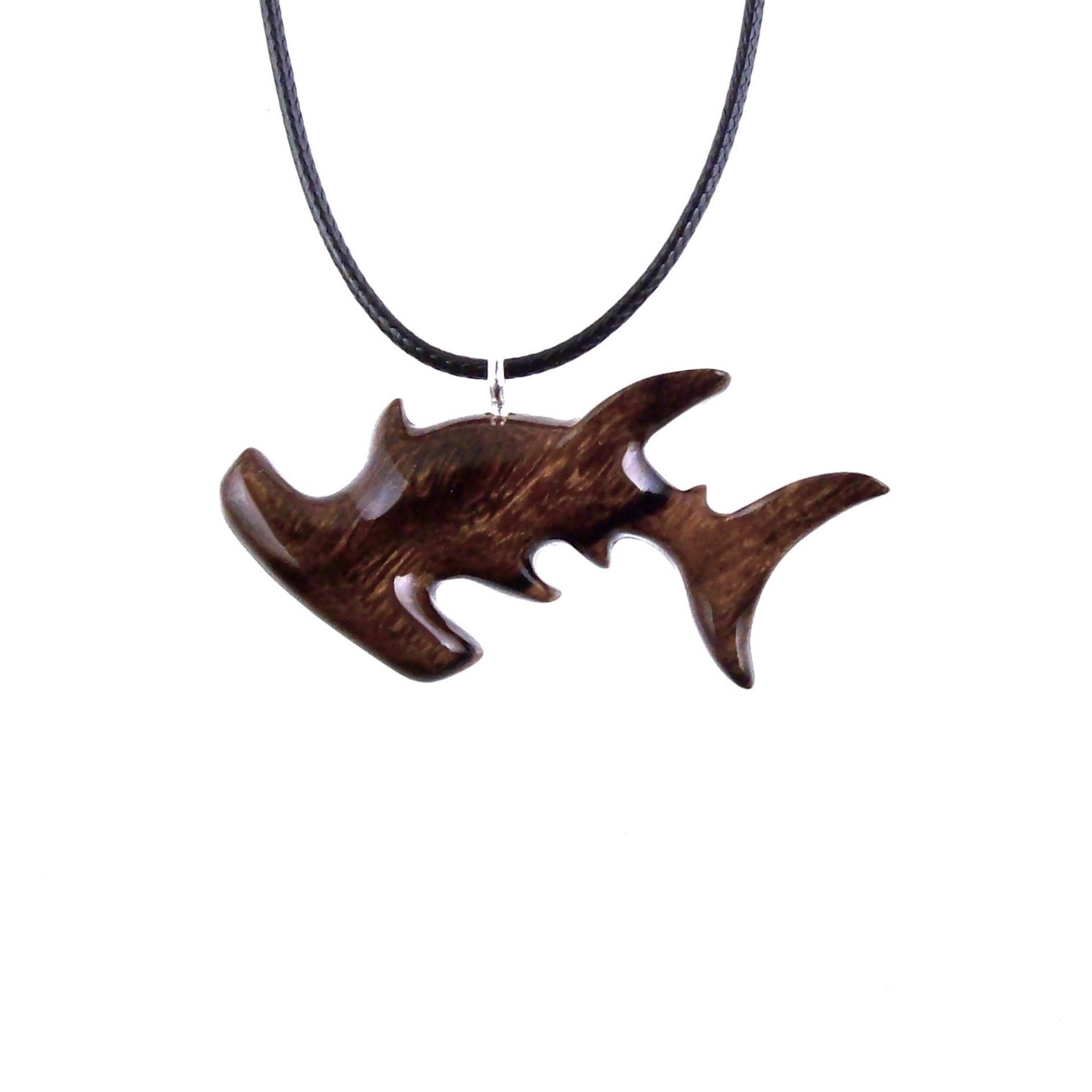 Brown Wooden Hammerhead Shark Pendant with 18 inches black cord necklace with lobster clasp.