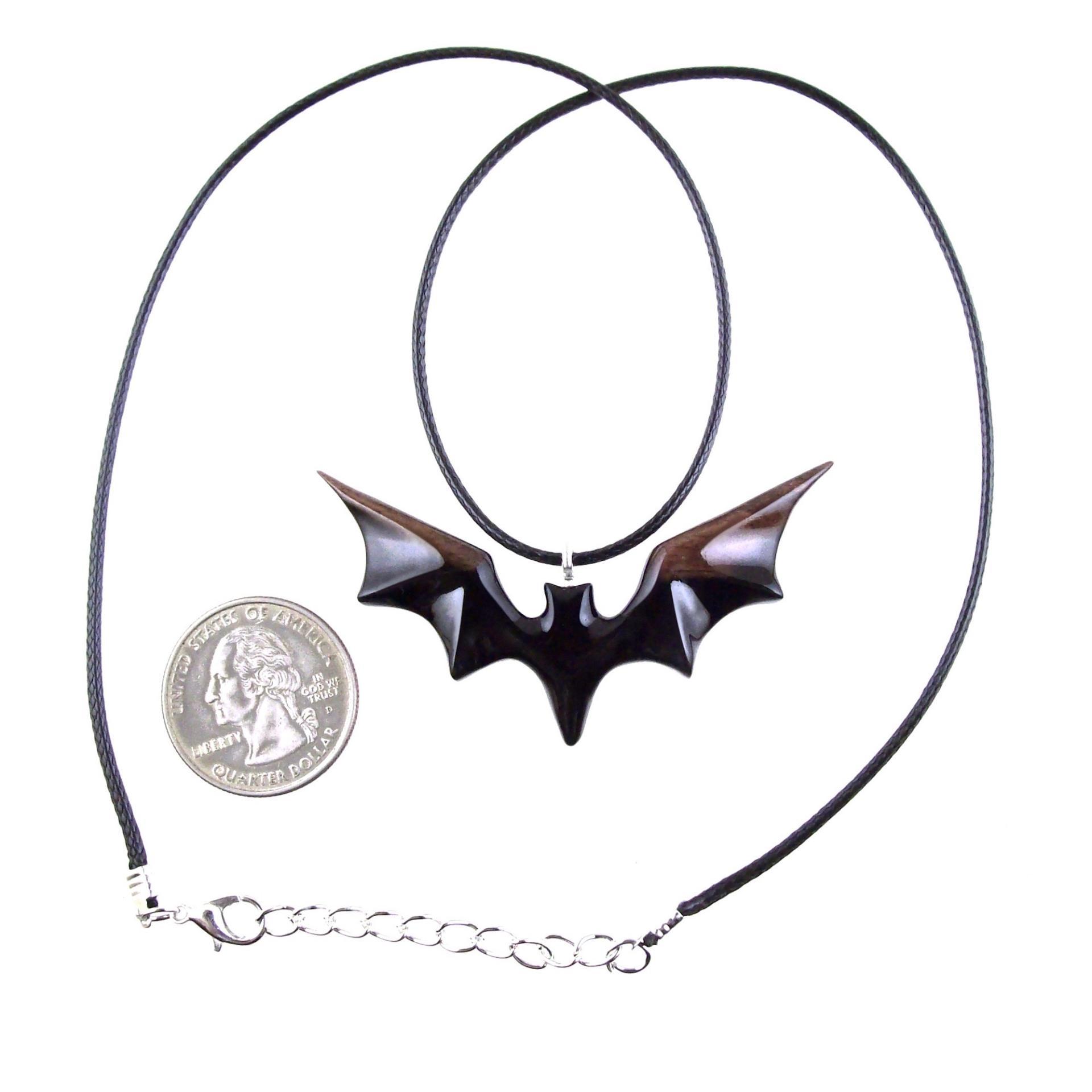 Bat Necklace, Hand Carved Wooden Bat Pendant, Gothic Wood Jewelry Gift for Women Men in Black and Brown