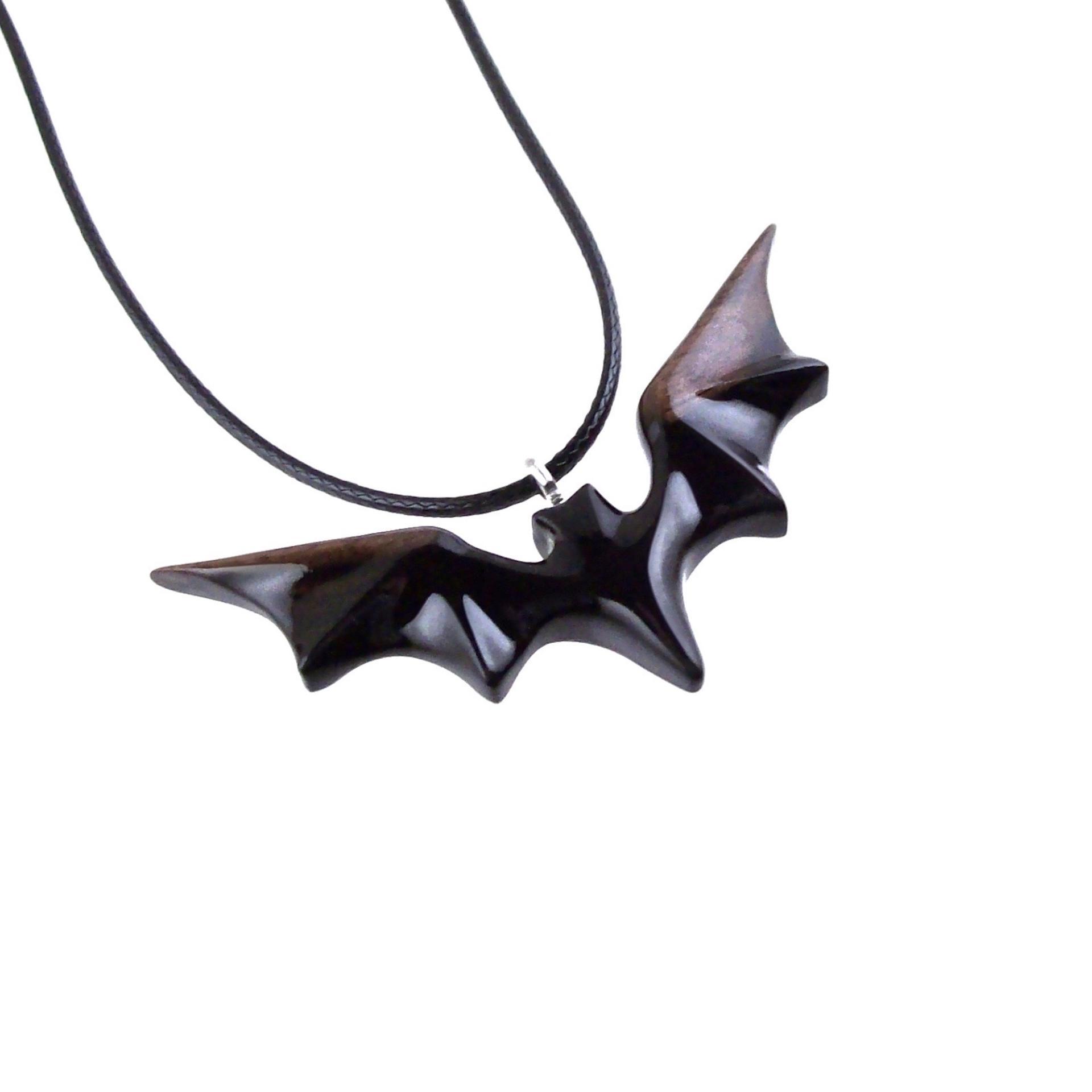 Bat Necklace, Hand Carved Wooden Bat Pendant, Gothic Wood Jewelry Gift for Women Men in Black and Brown