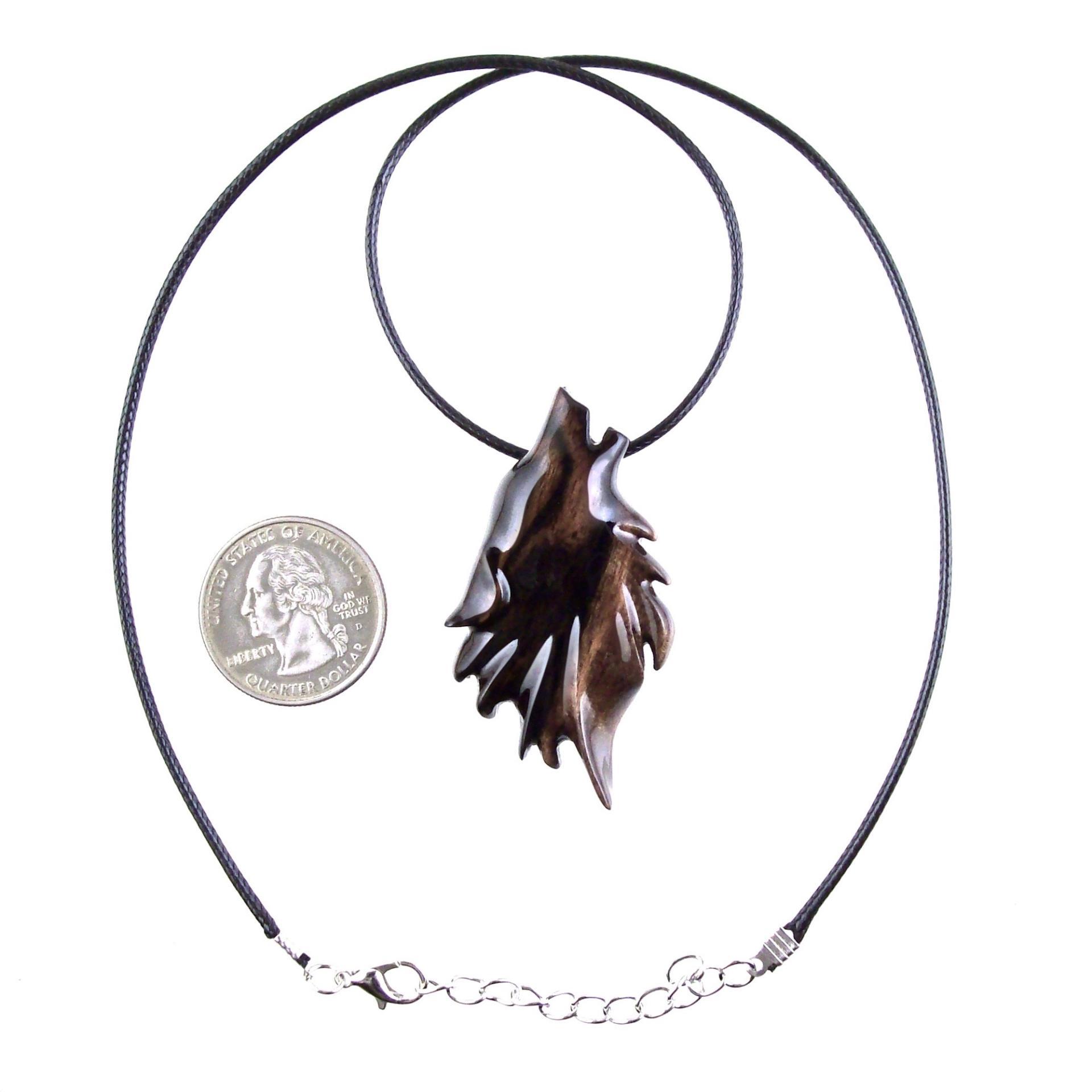 Wooden Wolf Necklace, Hand Carved Wood Wolf Head Pendant, Spirit Animal Totem, Woodland Jewelry in Black with Brown Streaks