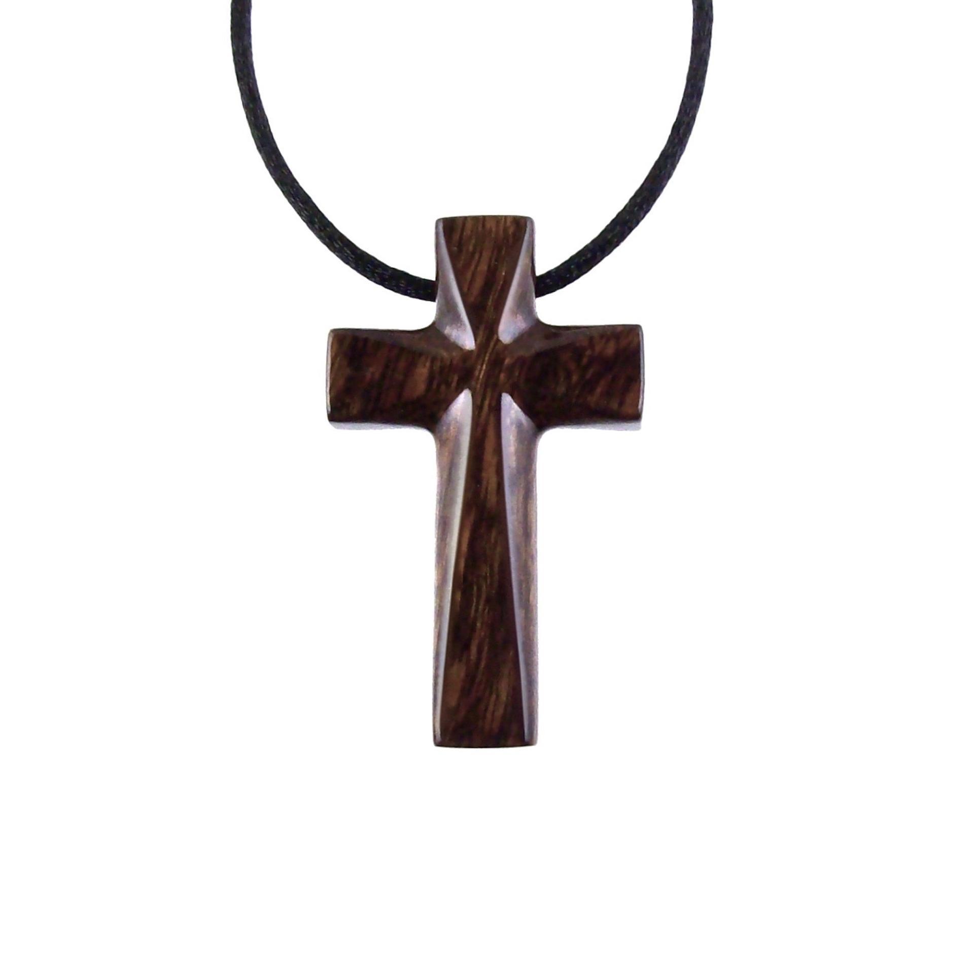 Reversible Brown Wooden Cross Pendant with black satin cord necklace.