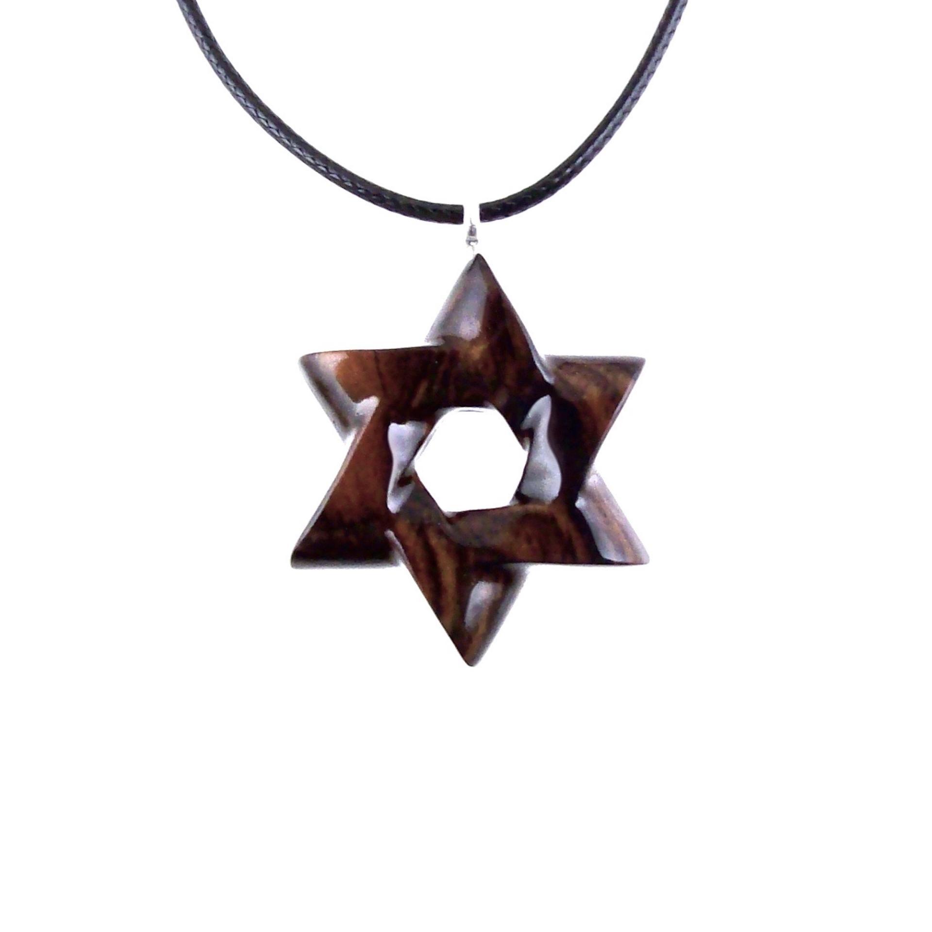 Reversible Reddish-Brown Wooden Star of David Pendant with 18 inches black cord necklace.