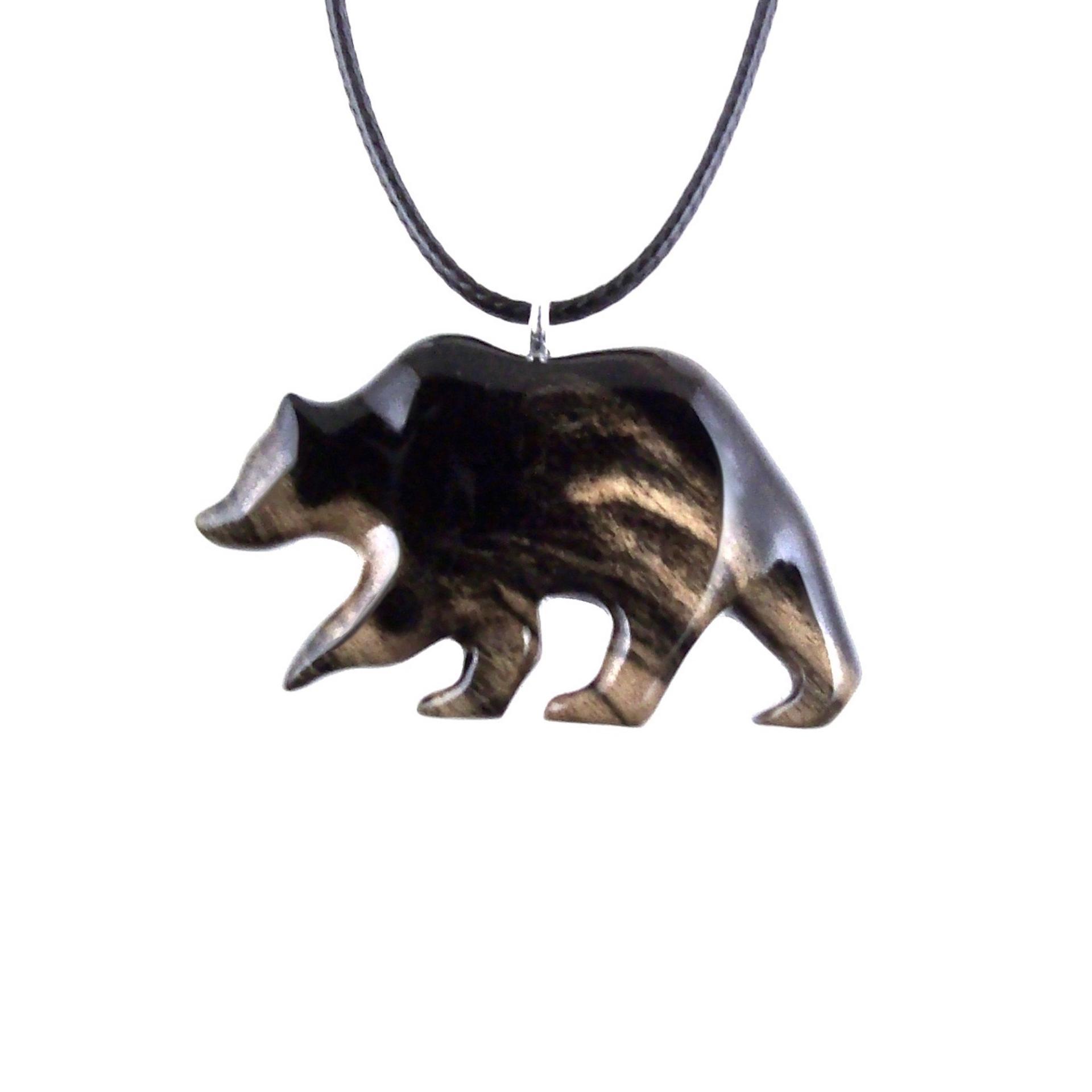 Black with cream streaks reversible wooden walking bear pendant with 18 inches black cord necklace with lobster clasp