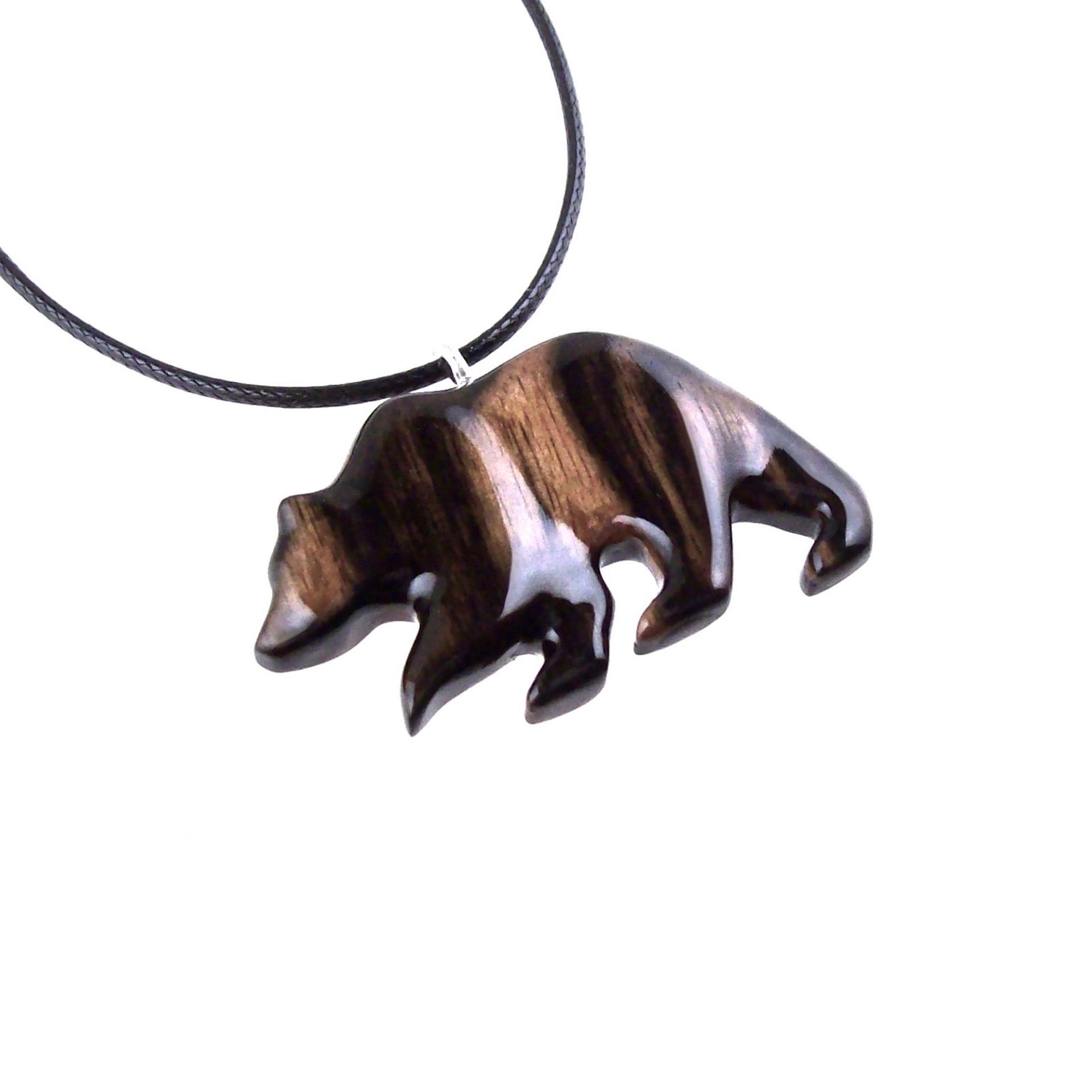 Wooden Grizzly Bear Pendant, Bear Necklace for Men or Women, Hand Carved Wood Jewelry, Totem Spirit Animal in Black with Brown Streaks