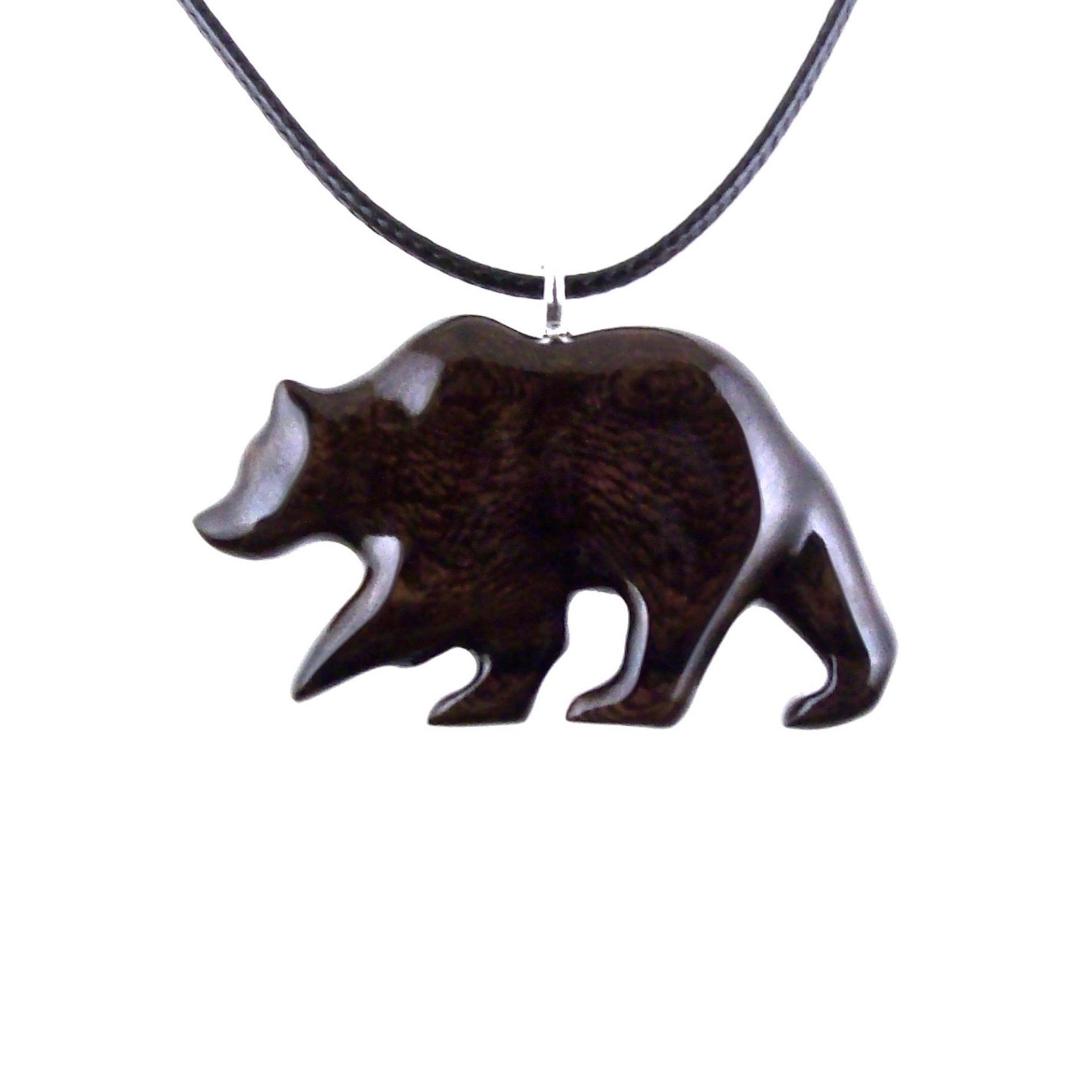 Bear Necklace, Wooden Grizzly Bear Pendant for Men or Women, Hand Carved Wood Jewelry, Totem Spirit Animal in Dark Brown