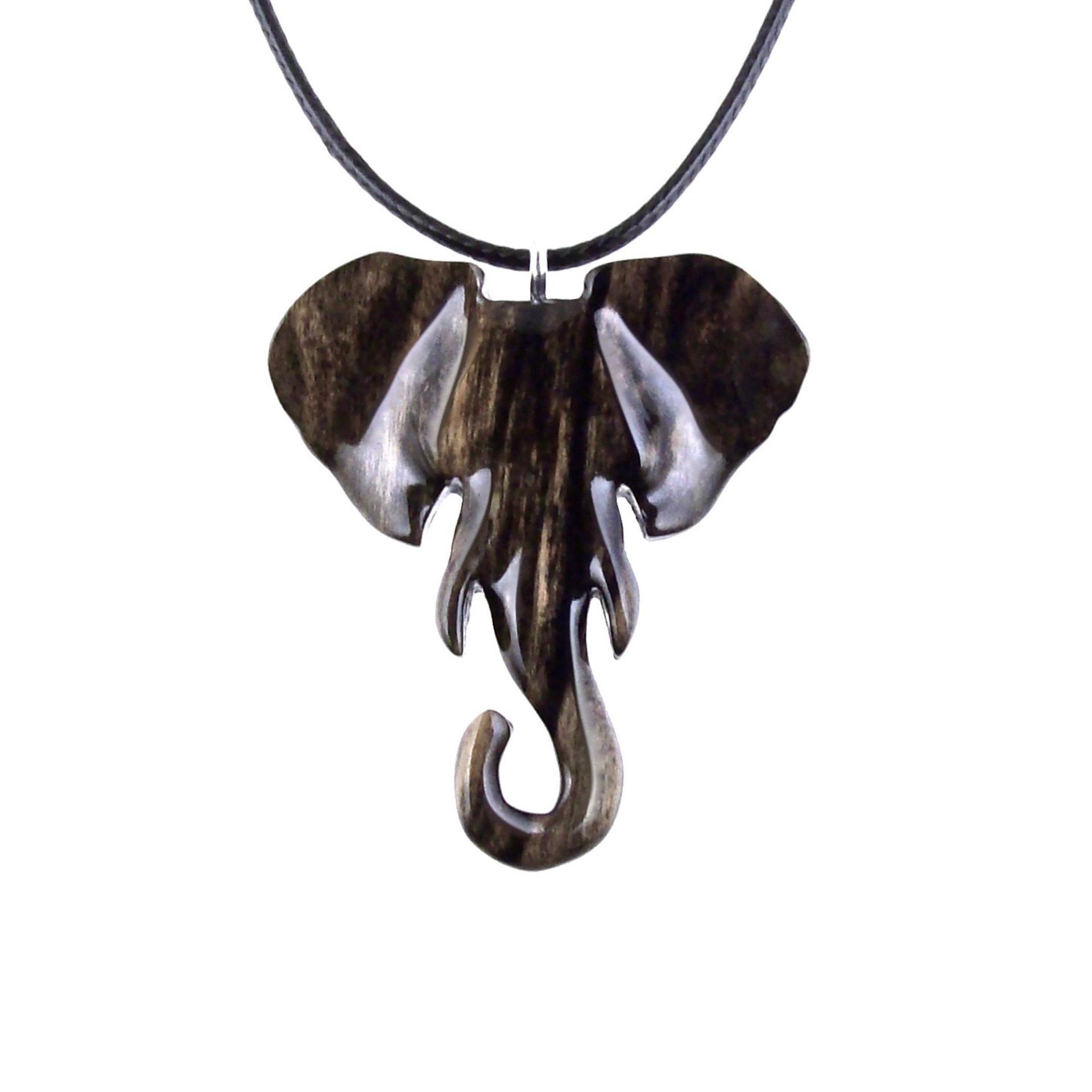 Black with cream streaks wooden african elephant head pendant with 18 inches black cord necklace with lobster clasp.