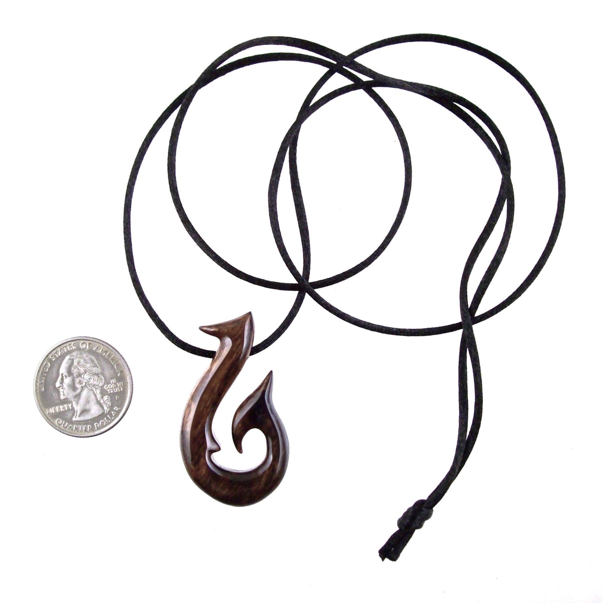 Hand Carved Fish Hook Pendant Necklace, Mens Wood Necklace, Handmade Fisherman Jewelry, One of a Kind Gift for Him