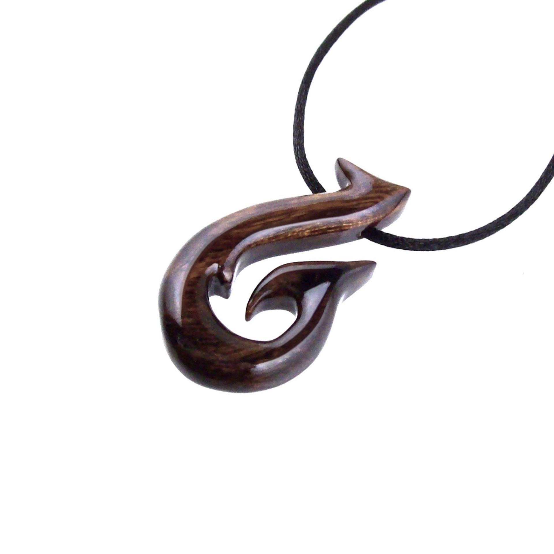 Hand Carved Fish Hook Pendant Necklace, Mens Wood Necklace, Handmade Fisherman Jewelry, One of a Kind Gift for Him