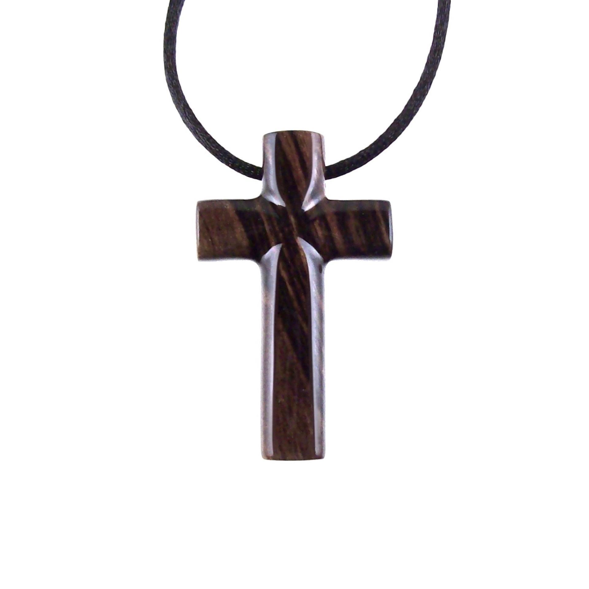 Hand Carved Wood Cross Necklace, Wooden Cross Pendant, Christian Jewelry for Men in Black with Brown Streaks