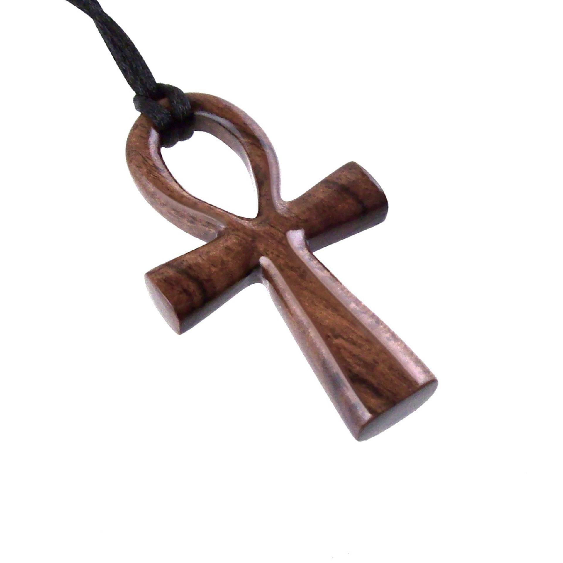 Reversible brown large wooden ankh pendant with black satin cord necklace.