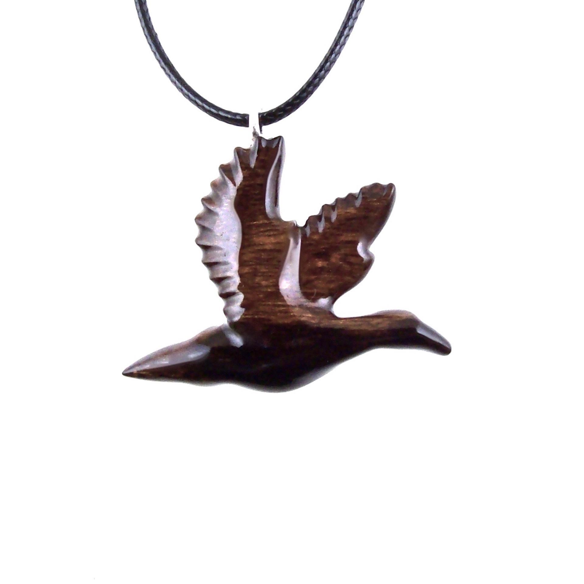 Flying brown wooden duck mallard pendant with 18 inches black cord with lobster clasp