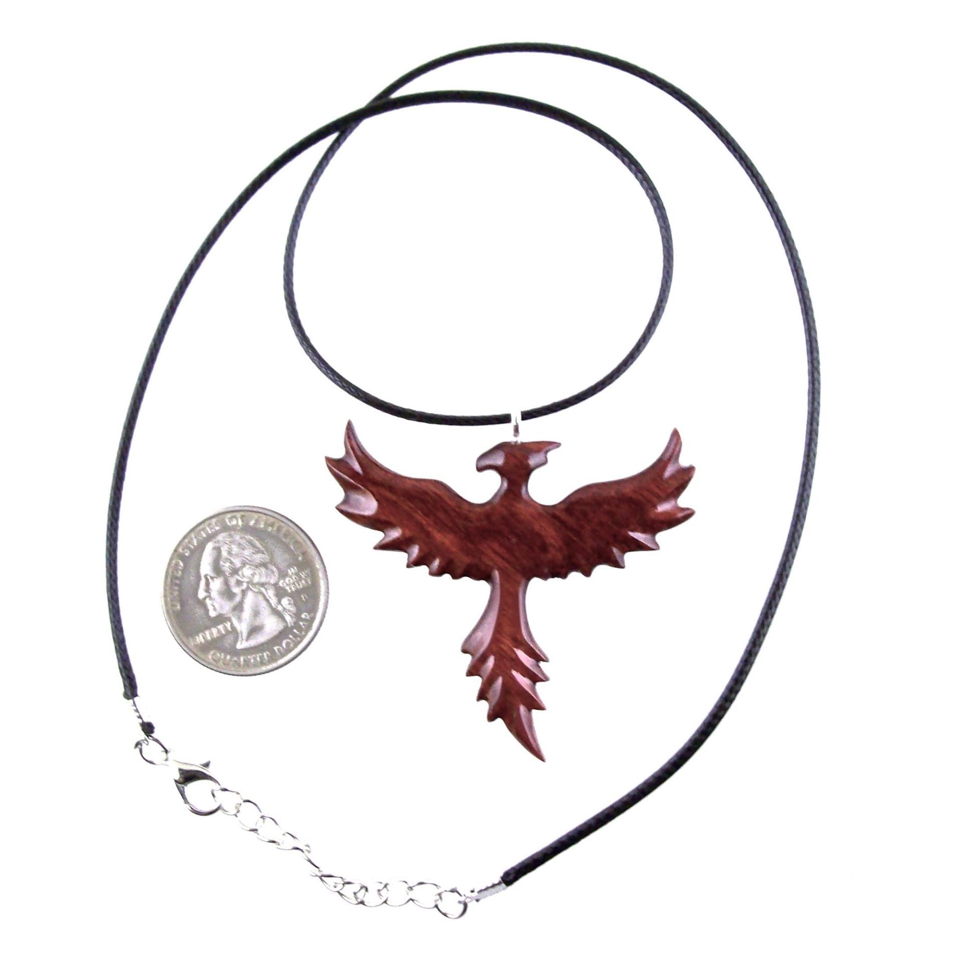 Rising Phoenix Necklace, Hand Carved Wooden Phoenix Pendant, Wood Firebird Jewelry, Inspirational Gift for Her Him