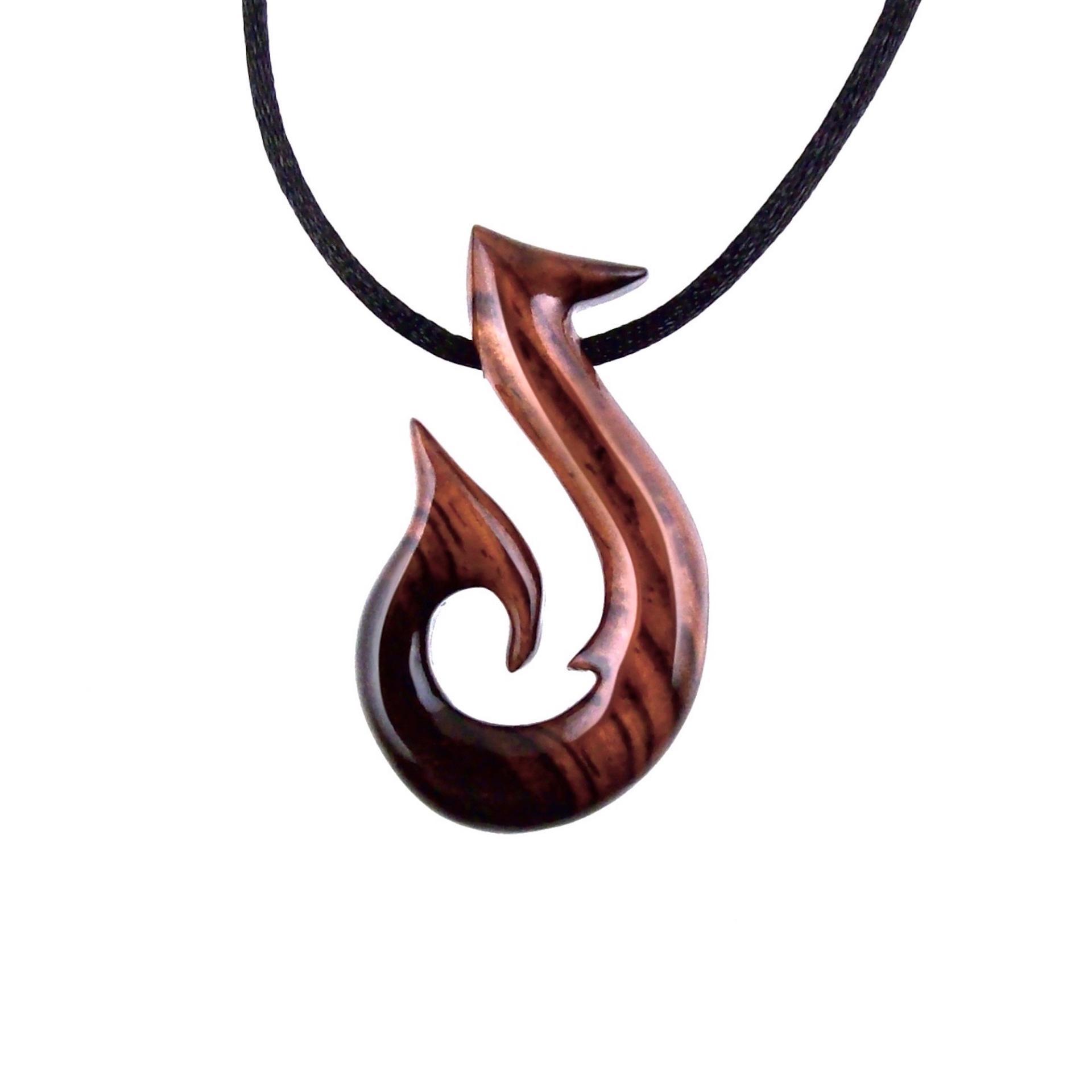 Reddish-Brown Wooden Fish Hook Pendant with 32 inches black satin cord necklace.