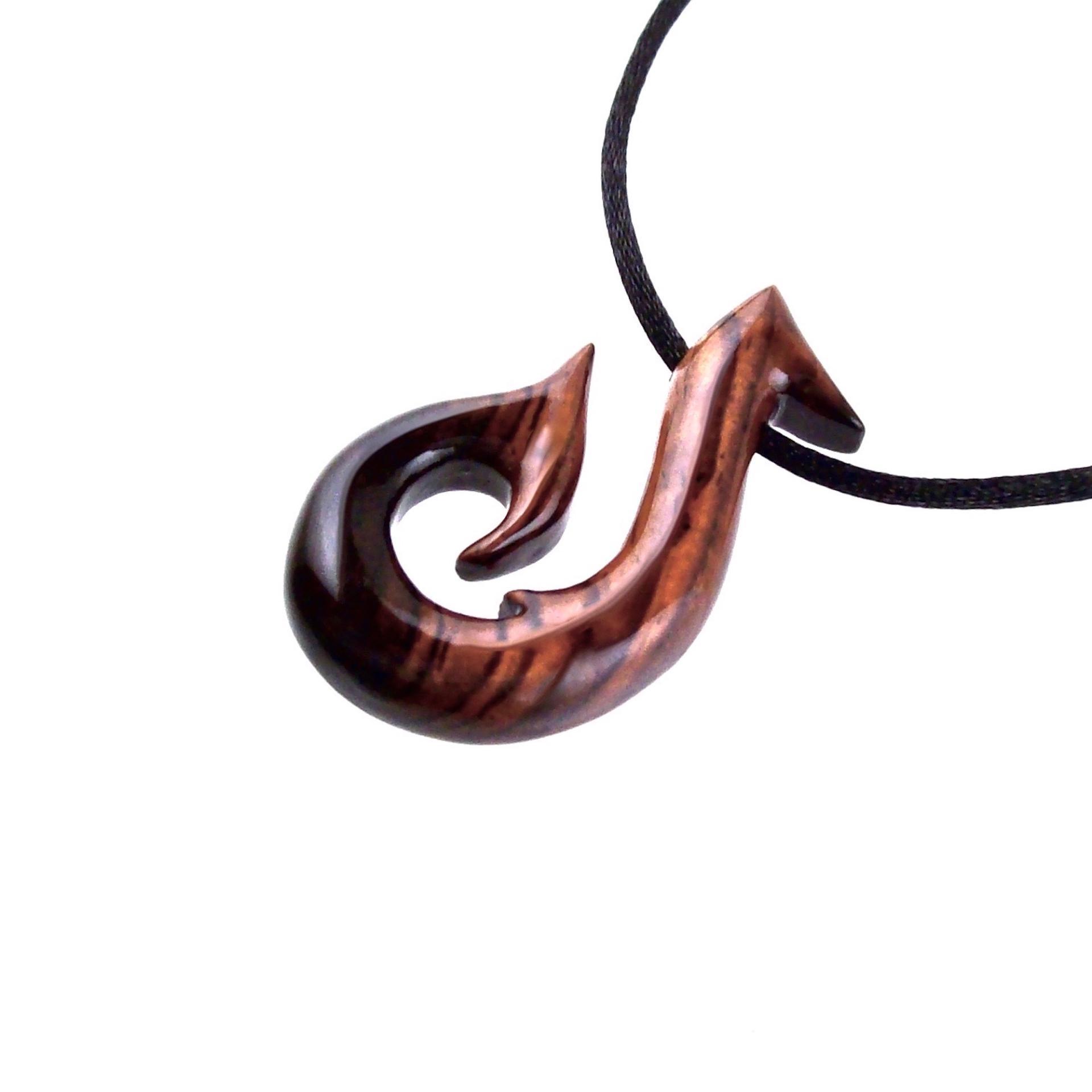 Hand Carved Fish Hook Pendant, Mens Wood Necklace, One of a Kind Wooden Fisherman Jewelry, Gift for Him