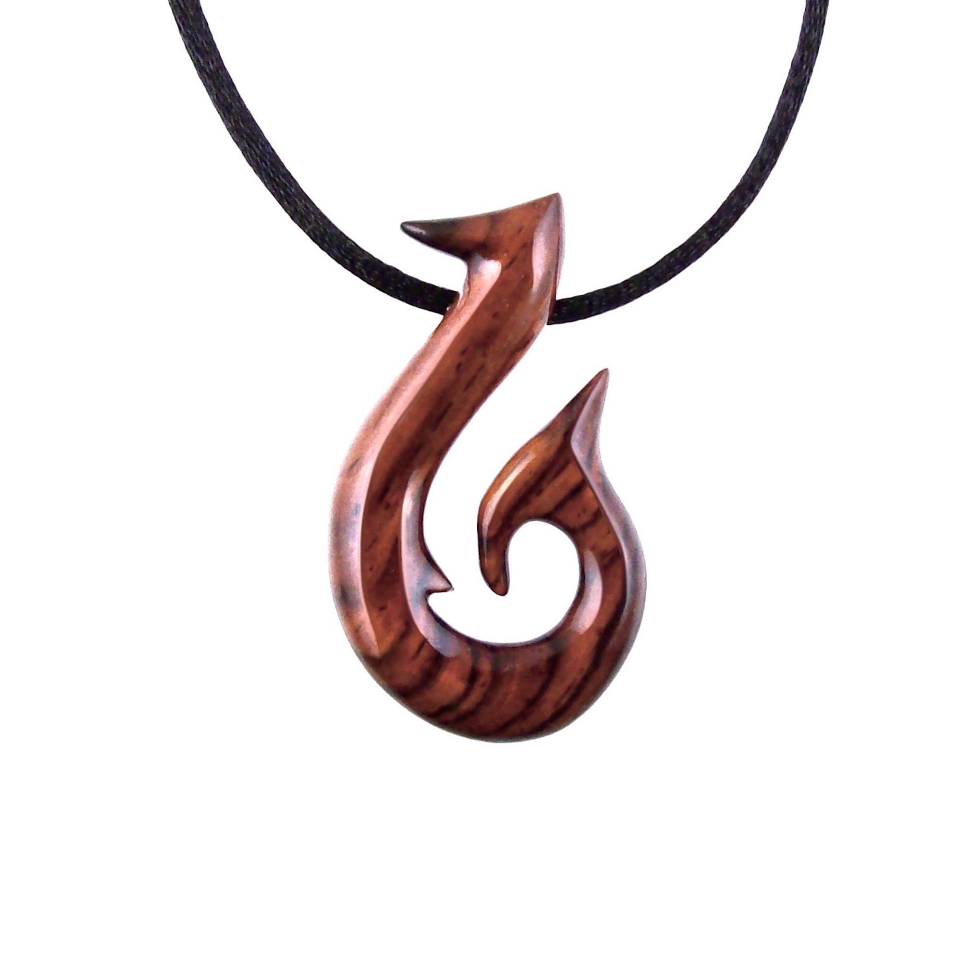 Hand Carved Fish Hook Pendant, Mens Wood Necklace, One of a Kind Wooden Fisherman Jewelry, Gift for Him