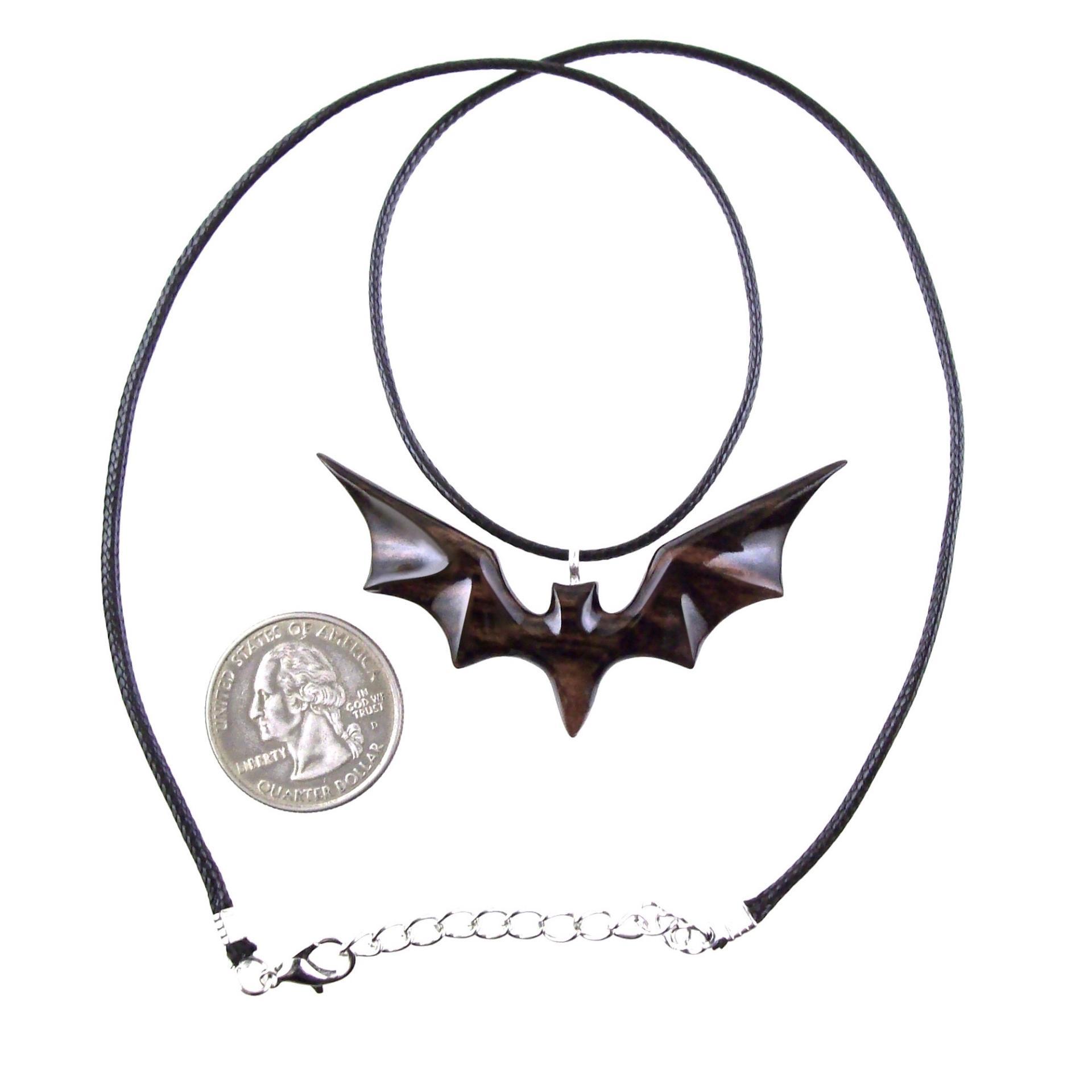 Bat Necklace, Hand Carved Wooden Bat Pendant, Gothic Wood Jewelry Gift for Women Men in Black and Brown