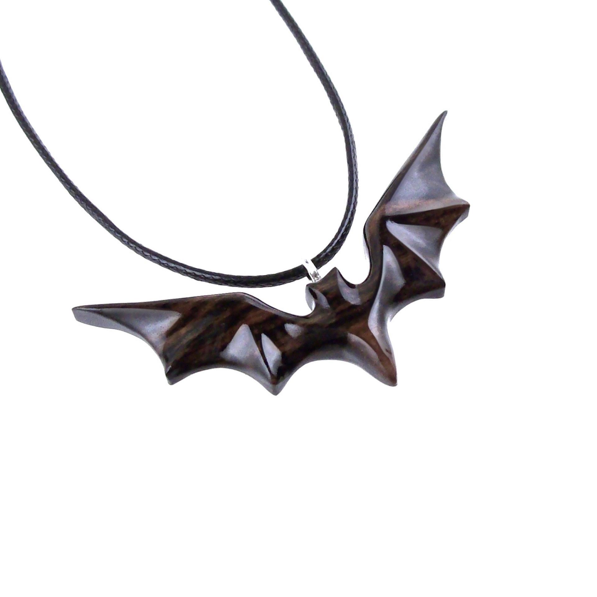 Bat Necklace, Hand Carved Wooden Bat Pendant, Gothic Wood Jewelry Gift for Women Men in Black and Brown