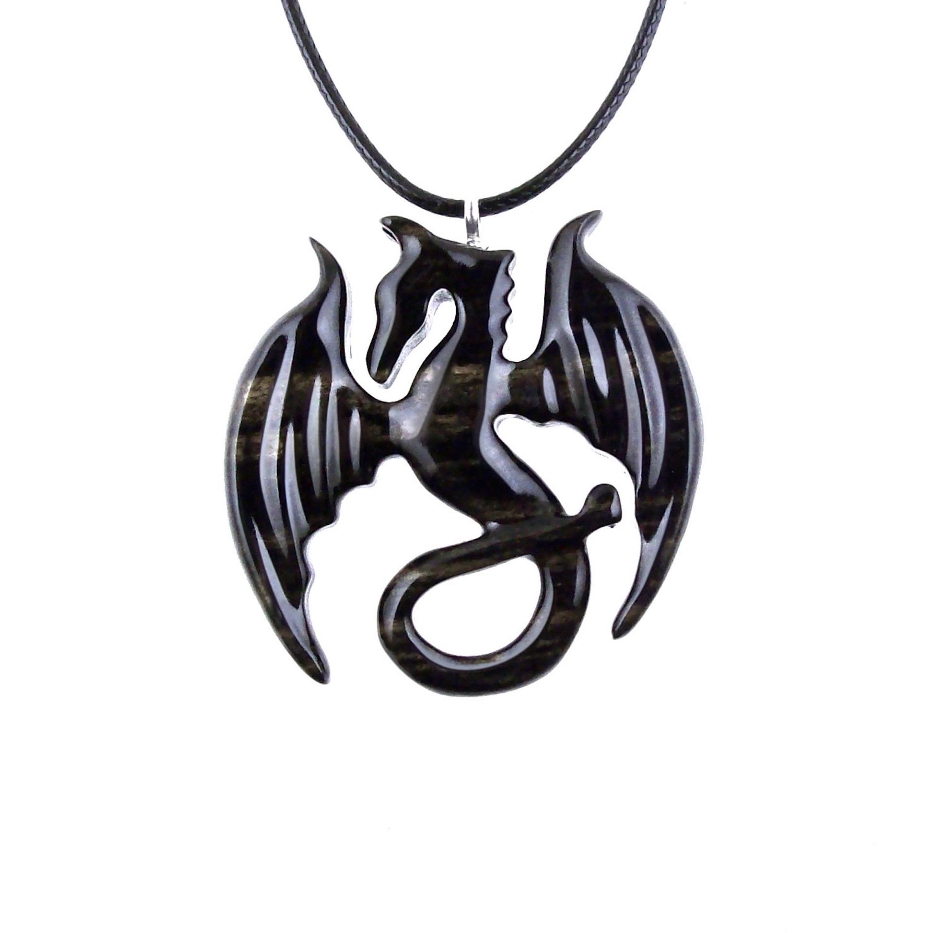 Dragon Necklace for Men Women, Hand Carved Wooden Dragon Pendant, Fantasy Wood Jewelry Gift for Her Him