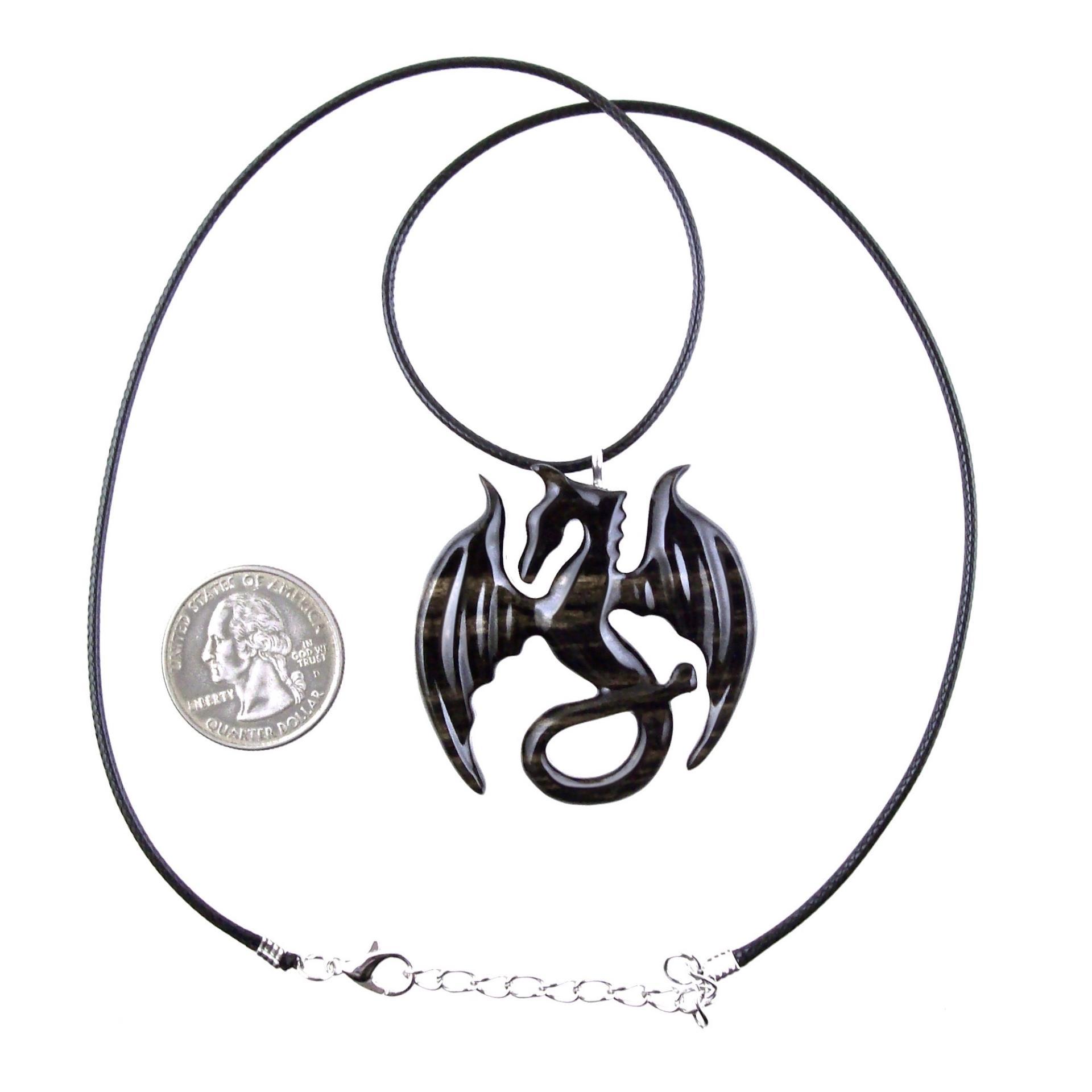 Dragon Necklace for Men Women, Hand Carved Wooden Dragon Pendant, Fantasy Wood Jewelry Gift for Her Him