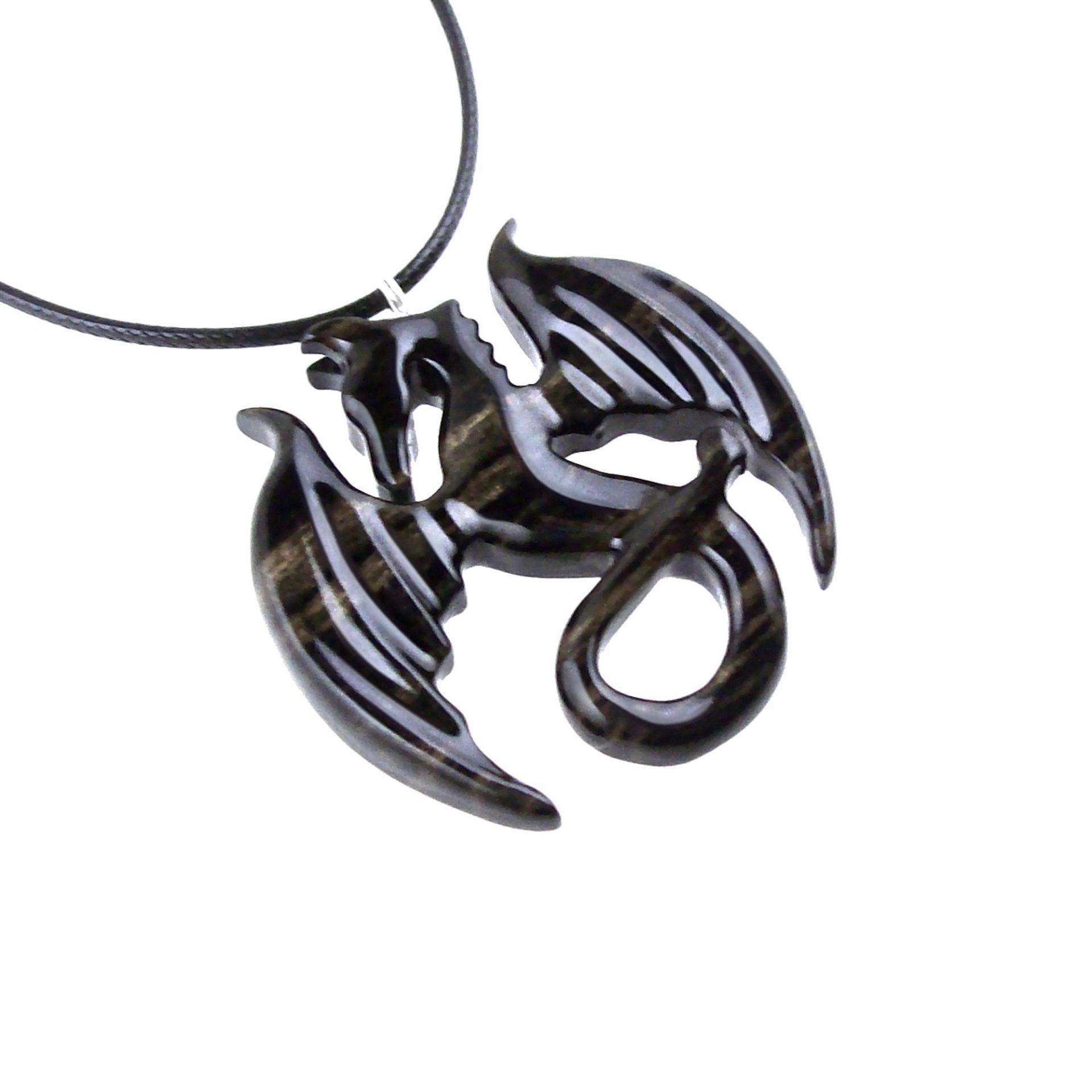 Dragon Necklace for Men Women, Hand Carved Wooden Dragon Pendant, Fantasy Wood Jewelry Gift for Her Him