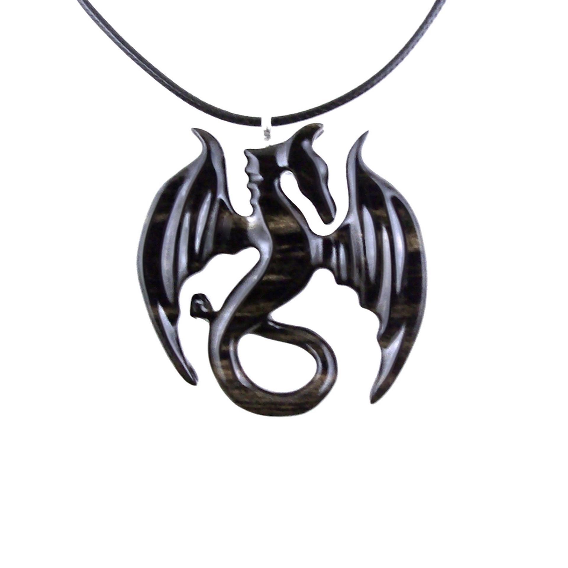 Dragon Necklace for Men Women, Hand Carved Wooden Dragon Pendant, Fantasy Wood Jewelry Gift for Her Him