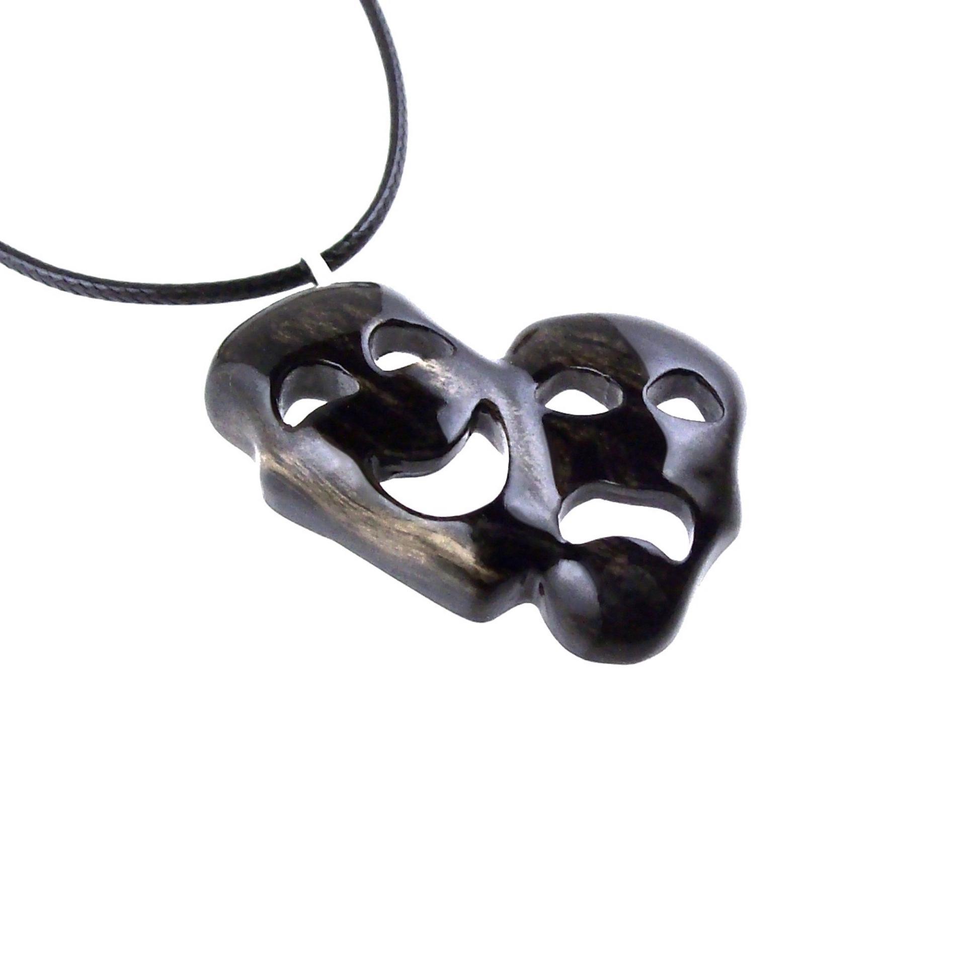 Hand Carved Comedy Tragedy Mask Pendant Necklace, Handmade Wooden Drama Jewelry for Men Women