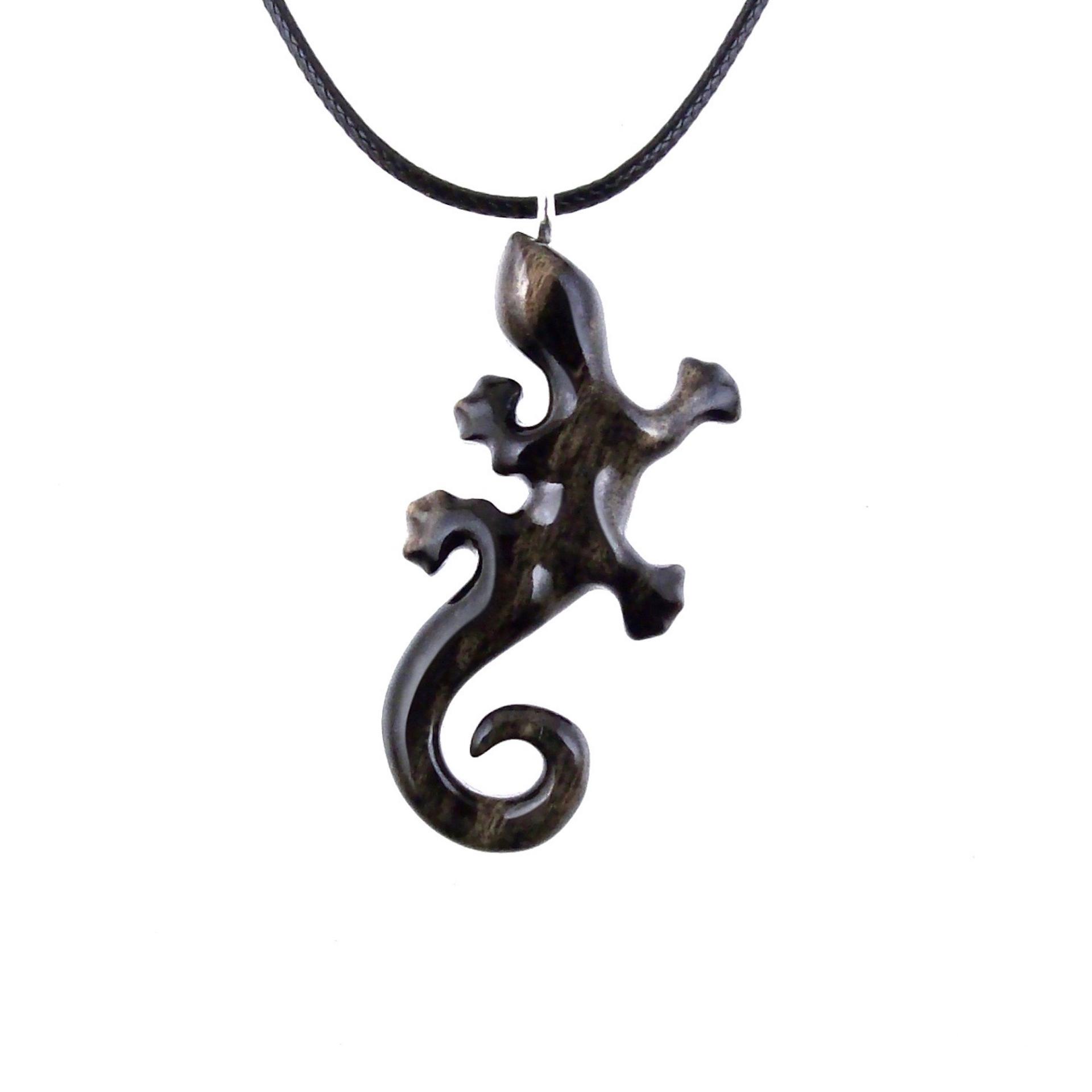 Black with cream streaks wooden lizard pendant with 18 inches black cord necklace with lobster clasp