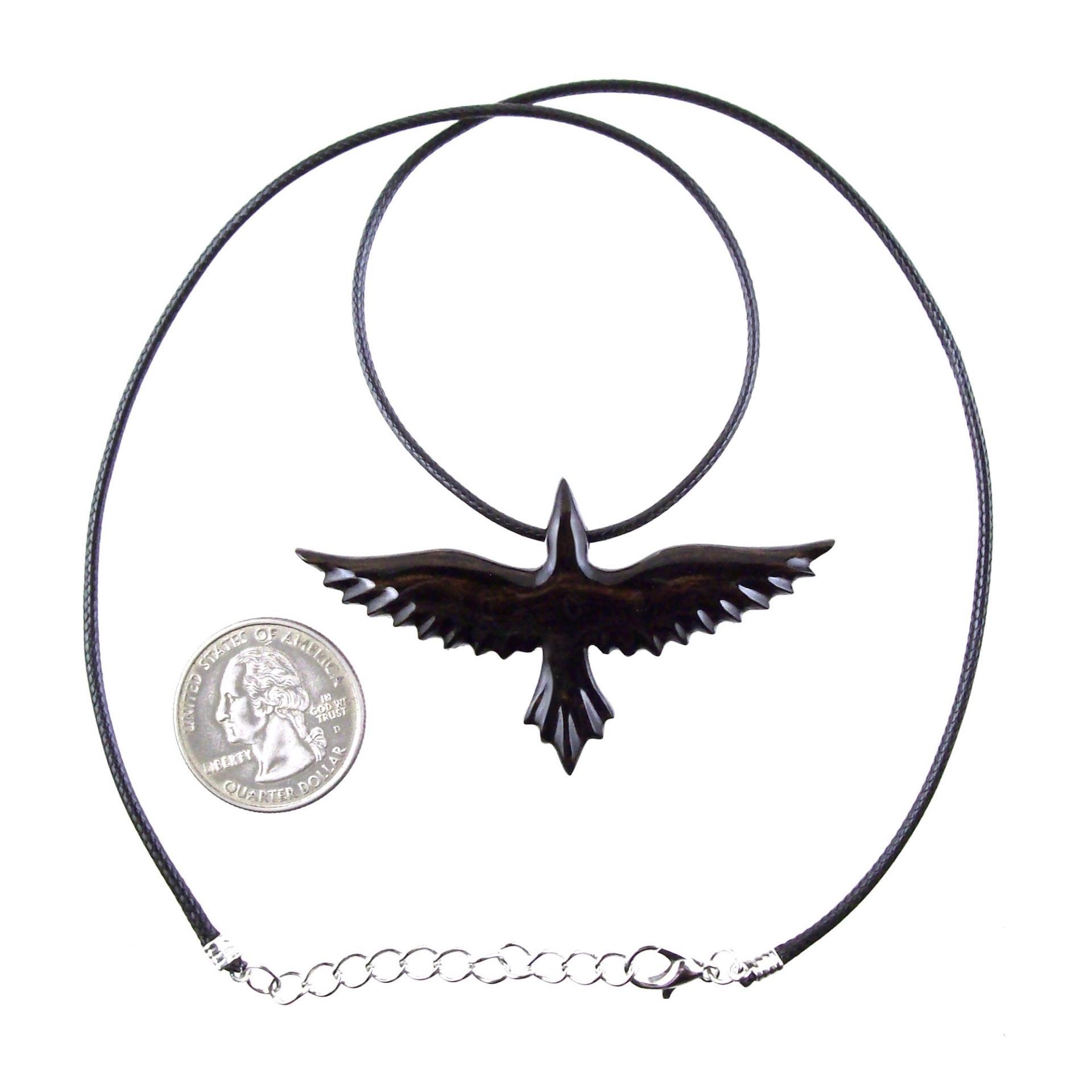 Raven Necklace, Hand Carved Wooden Crow Pendant for Men Women, Flying Bird Totem Wood Jewelry Gift in Black with Brown Streaks