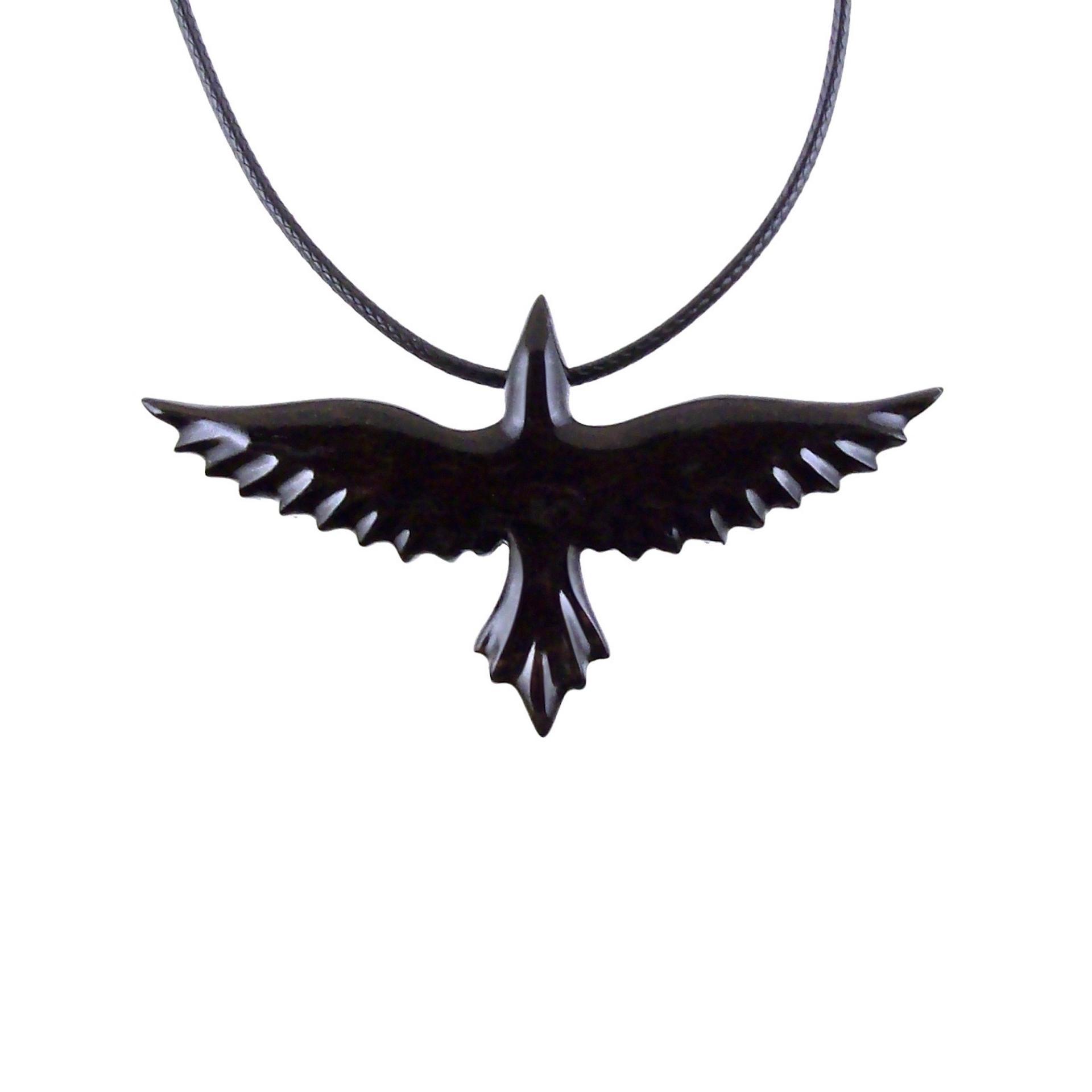 Raven Necklace, Hand Carved Wooden Crow Pendant for Men Women, Flying Bird Totem Wood Jewelry Gift in Black with Brown Streaks