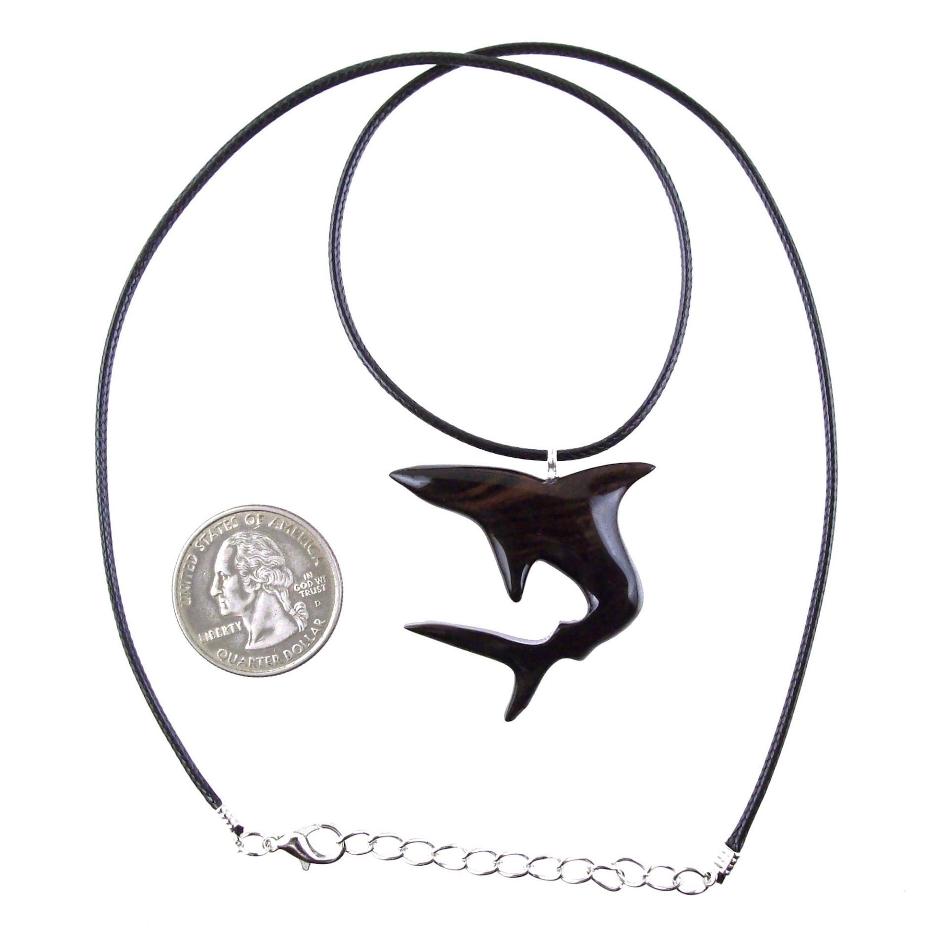 Shark Pendant, Hand Carved Wooden Shark Necklace, Mens Wood Pendant, Nautical Jewelry Gift for Him in Black with Brown Streaks