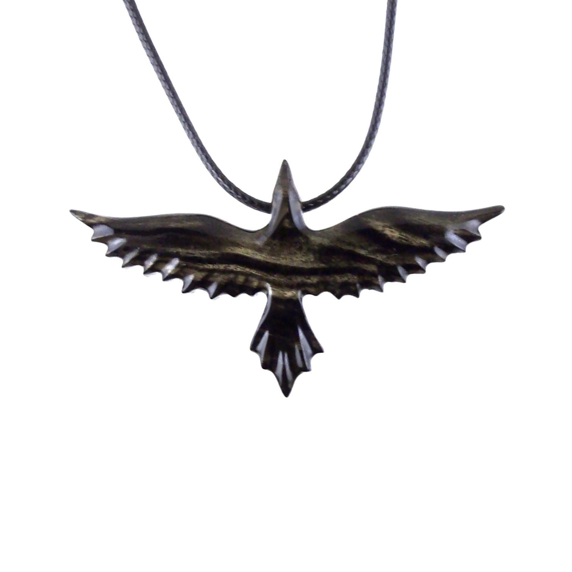 Flying Raven Necklace, Hand Carved Wooden Raven Pendant, Crow Necklace for Men or Women, Wood Bird Pendant, Totem Jewelry