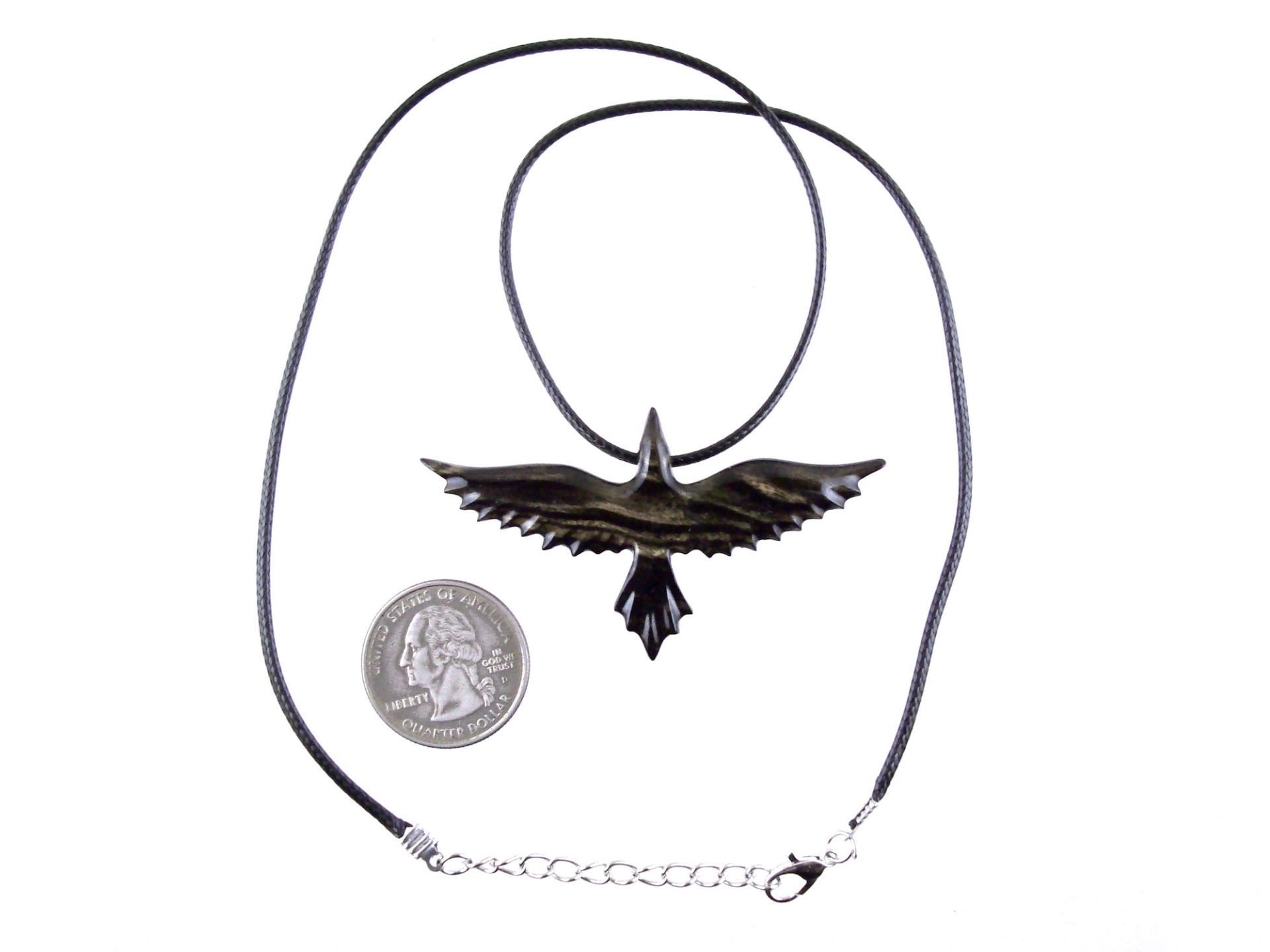 Flying Raven Necklace, Hand Carved Wooden Raven Pendant, Crow Necklace for Men or Women, Wood Bird Pendant, Totem Jewelry