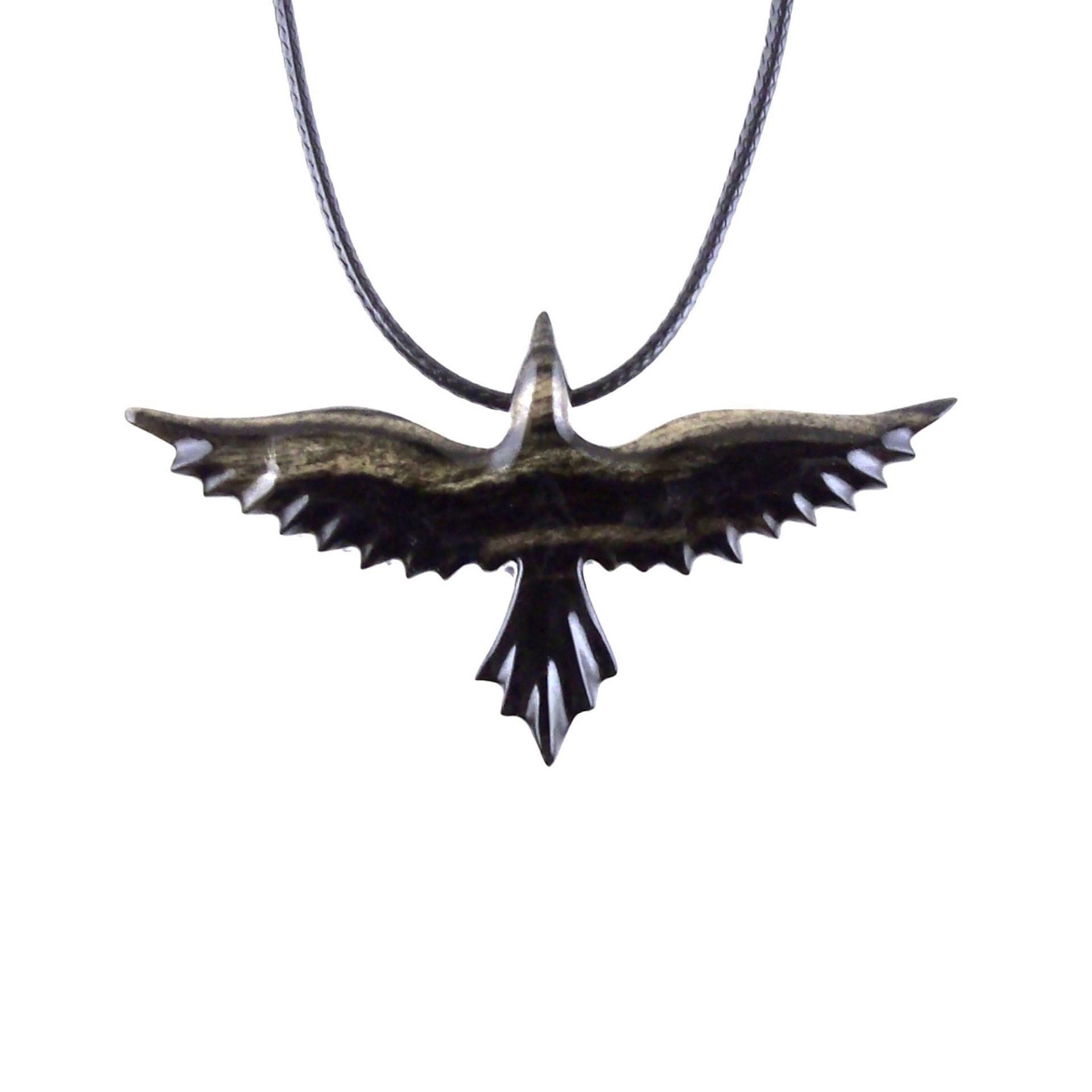 Flying Raven Necklace, Hand Carved Wooden Raven Pendant, Crow Necklace for Men or Women, Wood Bird Pendant, Totem Jewelry