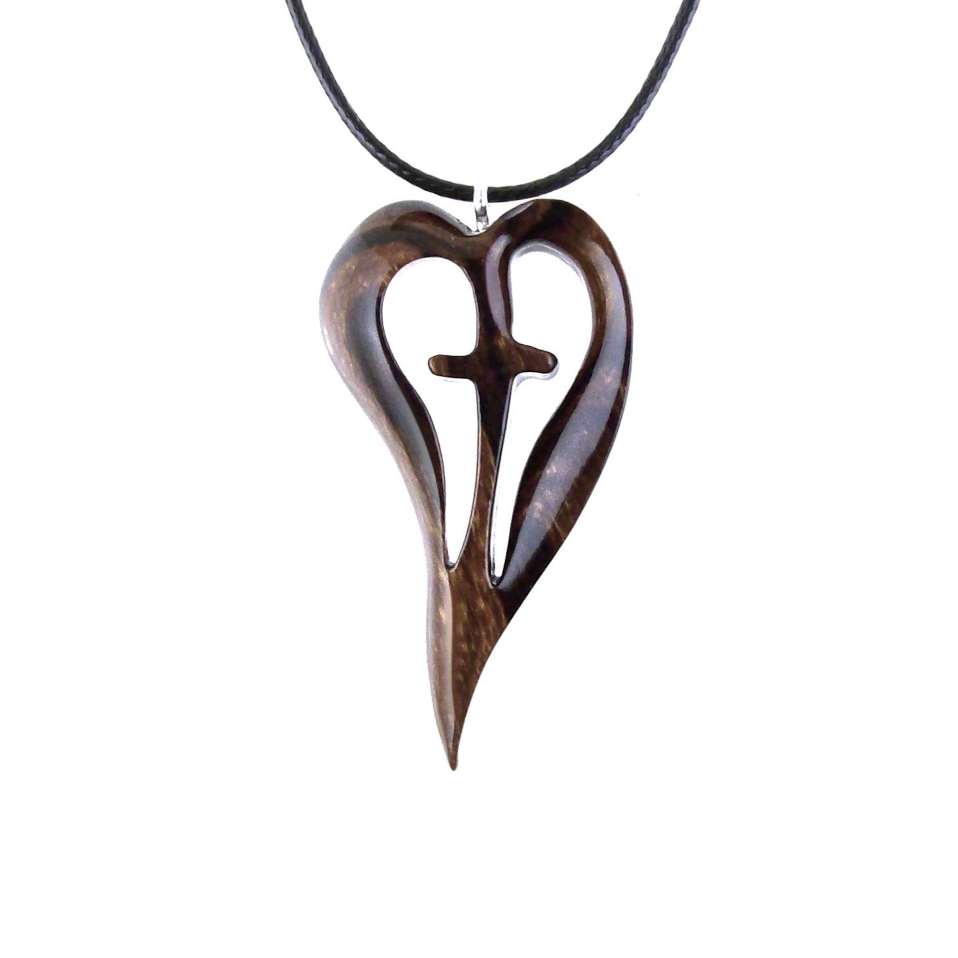 Women Cross Necklace, Wooden Heart Pendant, Hand Carved Wood Cross Necklace, 5th Anniversary Gift for Her, Christian Jewelry