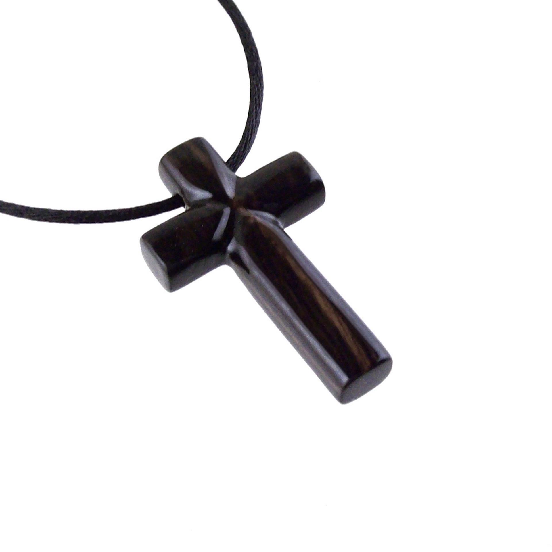 Hand Carved Wood Cross Necklace, Wooden Cross Pendant, Christian Jewelry for Men in Black with Brown Streaks