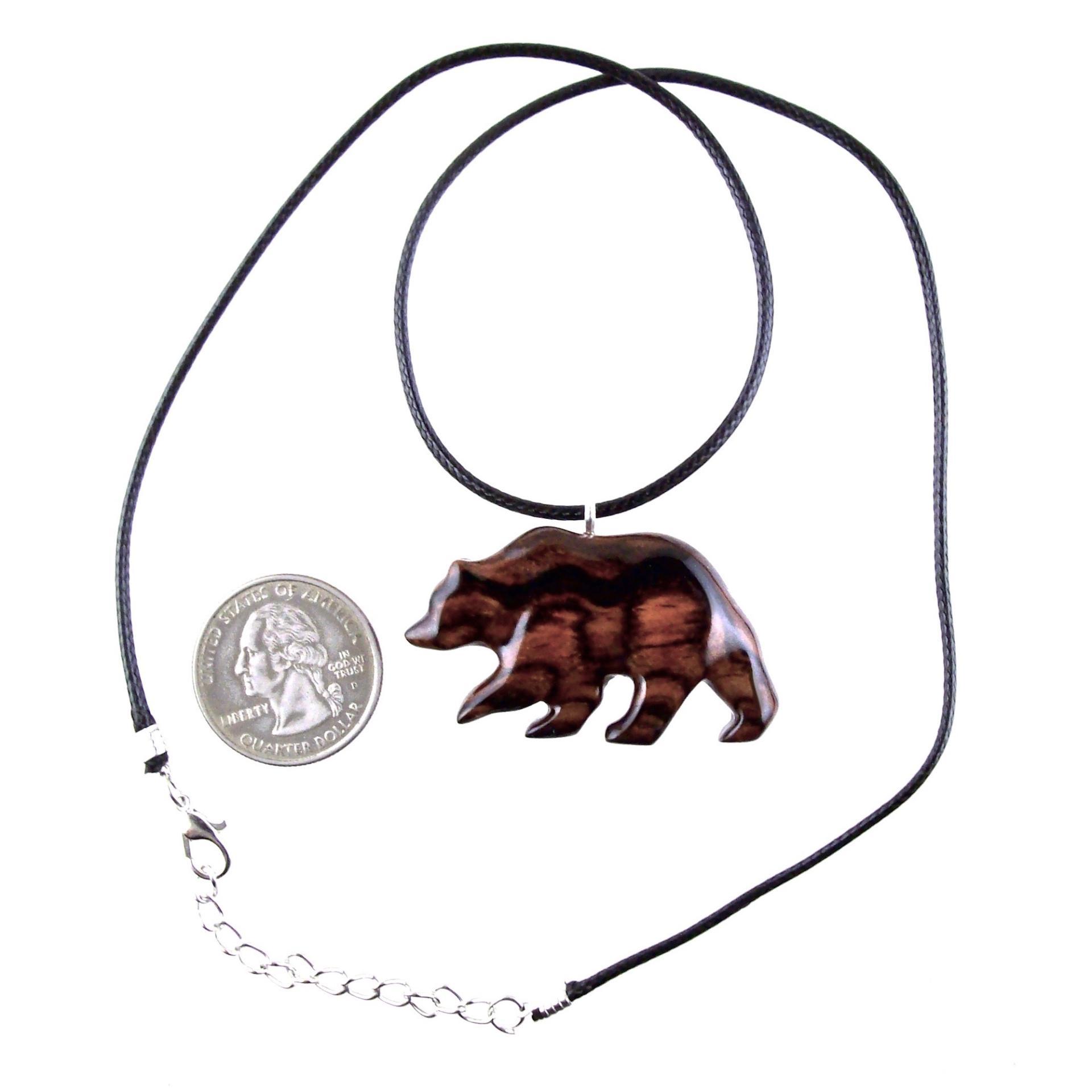 Wood Bear Necklace, Hand Carved Wooden Grizzly Bear Pendant for Men or Women, Spirit Animal Totem Jewelry Gift for Him Her