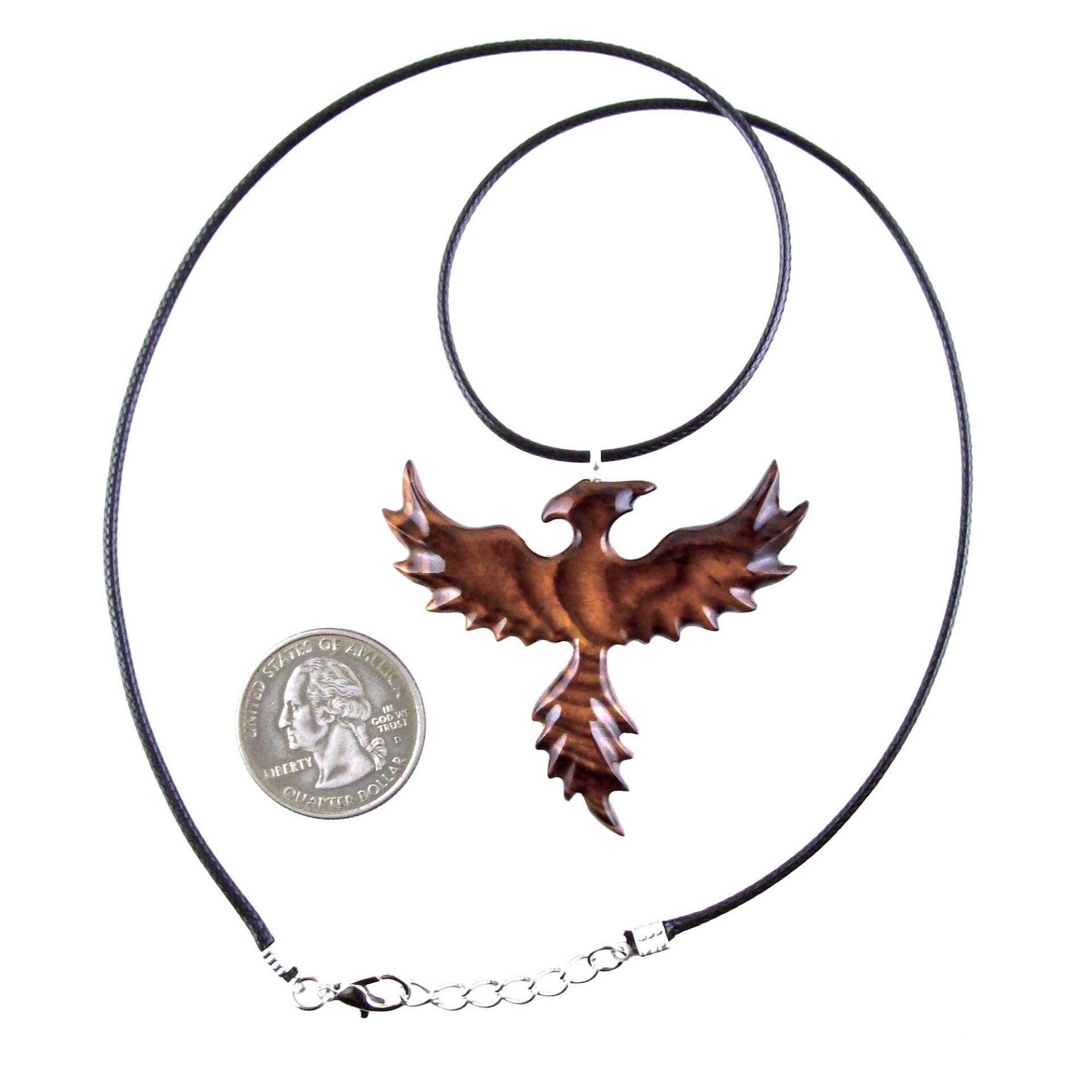 Hand Carved Phoenix Necklace, Wooden Rising Phoenix Pendant for Men or Women, Wood Firebird Necklace, Fantasy Inspirational Jewelry