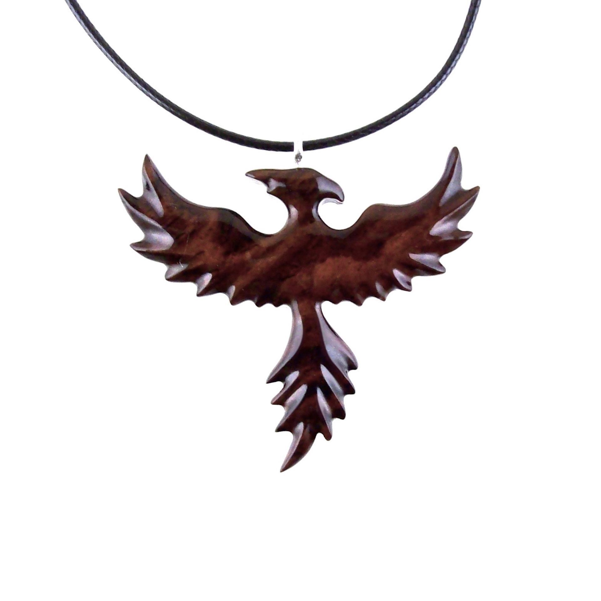 Hand Carved Phoenix Necklace, Wooden Rising Phoenix Pendant for Men or Women, Wood Firebird Necklace, Fantasy Inspirational Jewelry