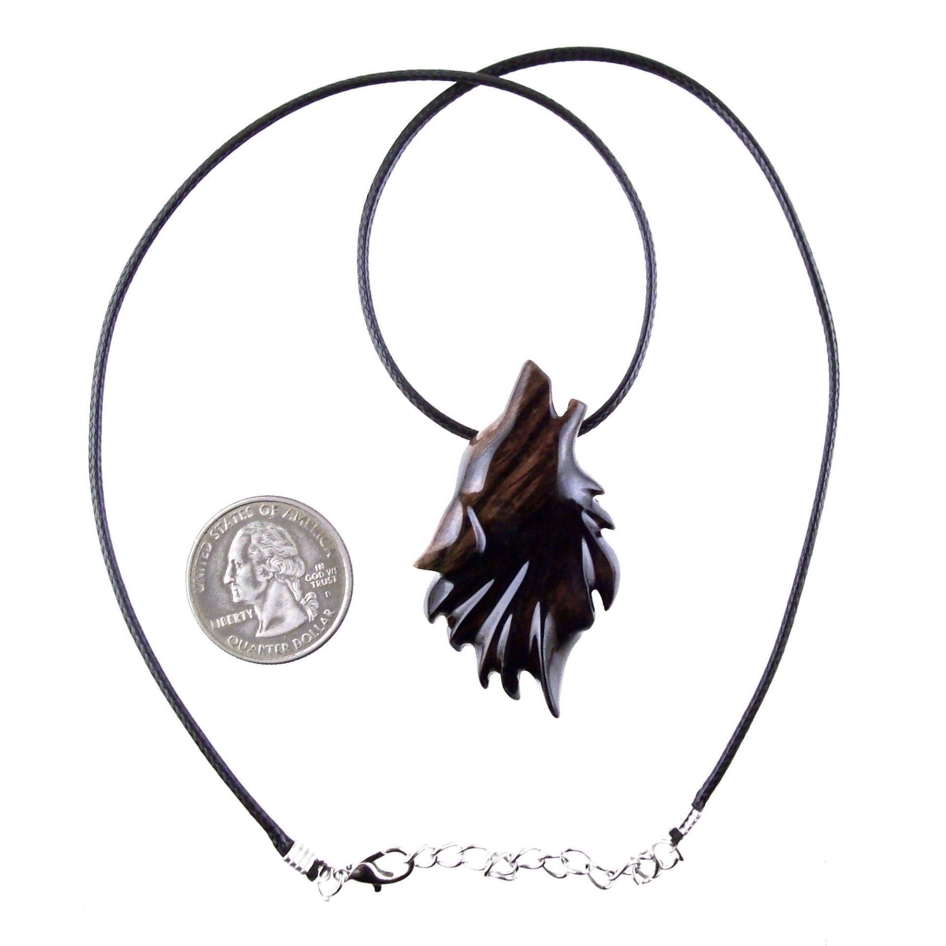 Wolf Wooden Necklace, Hand Carved Wood Wolf Head Pendant, Spirit Animal Totem, Woodland Jewelry in Black with Brown Streaks