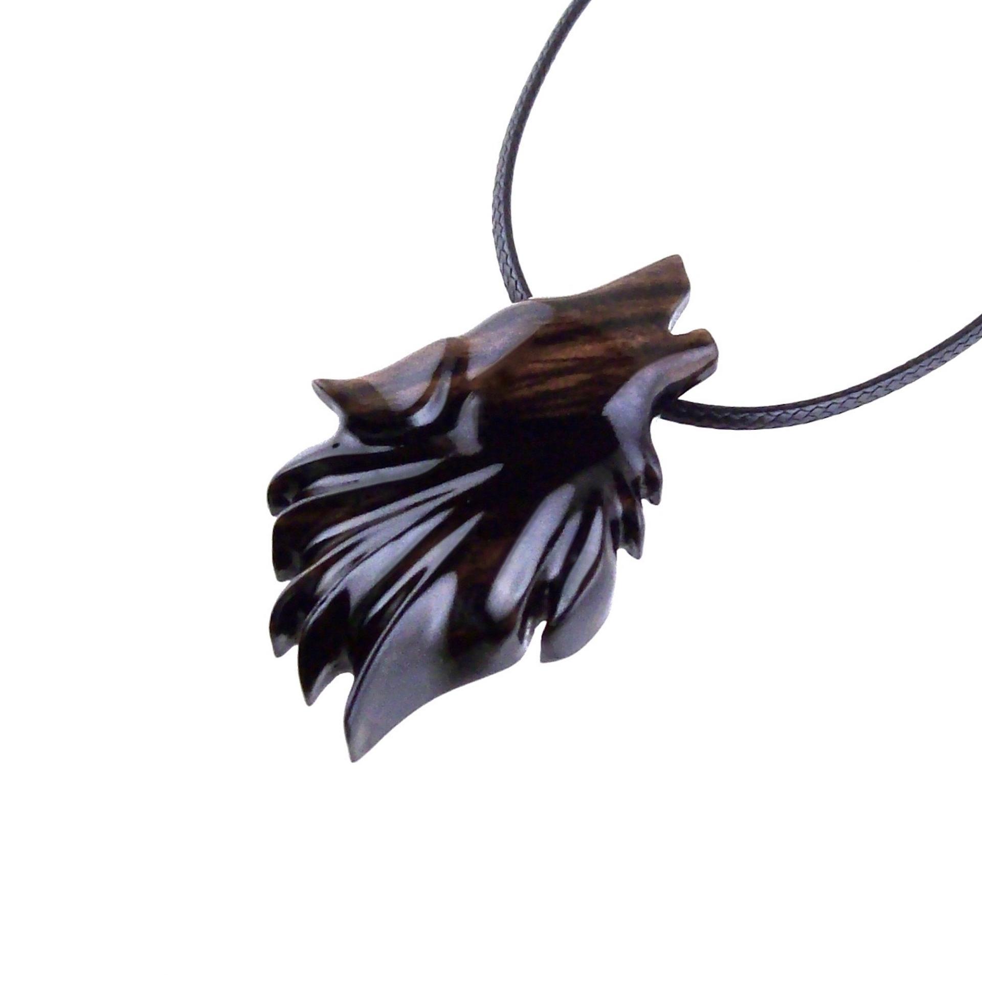 Wolf Wooden Necklace, Hand Carved Wood Wolf Head Pendant, Spirit Animal Totem, Woodland Jewelry in Black with Brown Streaks